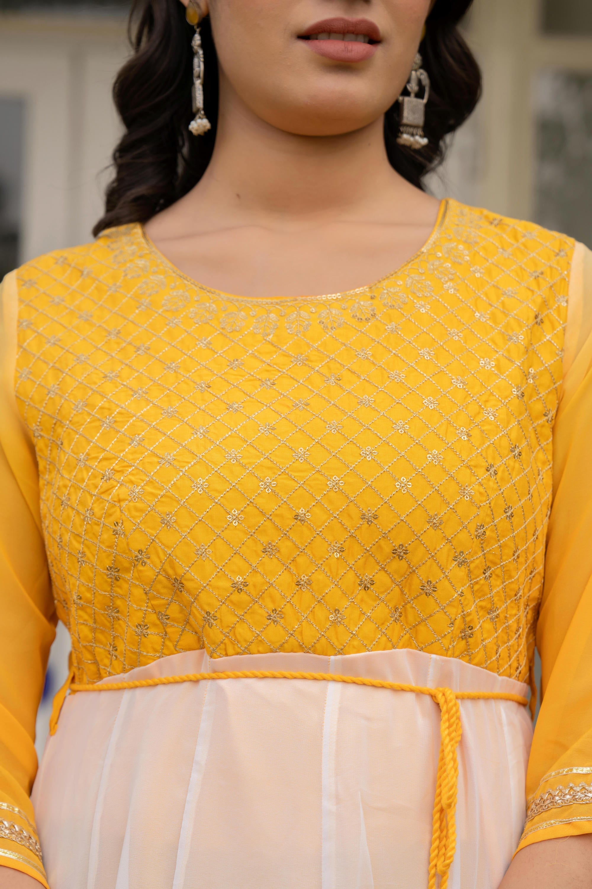 Yellow Printed Georgette Dress With Doris At Waist & Sequins | DesiQlo