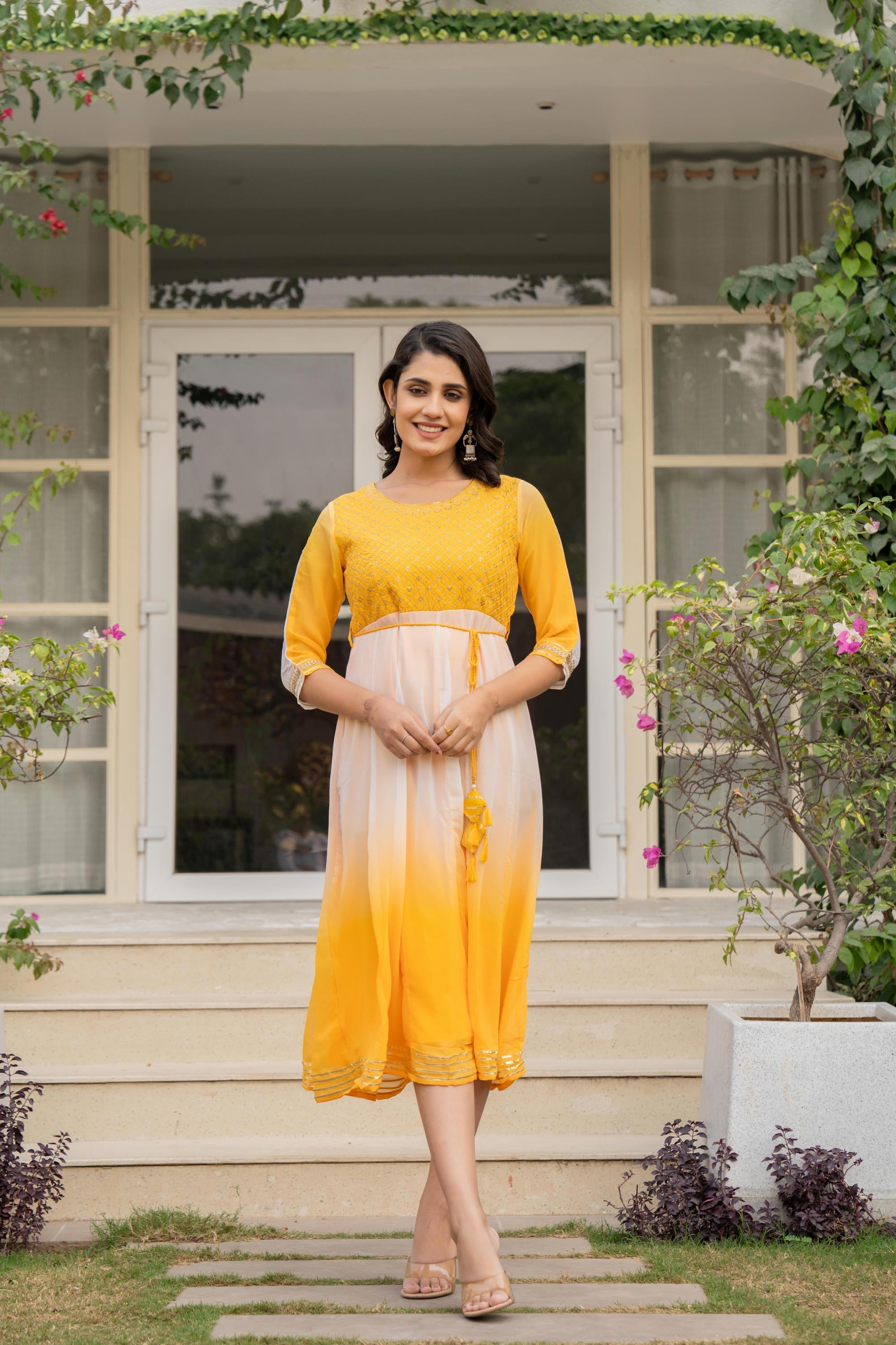 Yellow Printed Georgette Dress With Doris At Waist & Sequins | DesiQlo