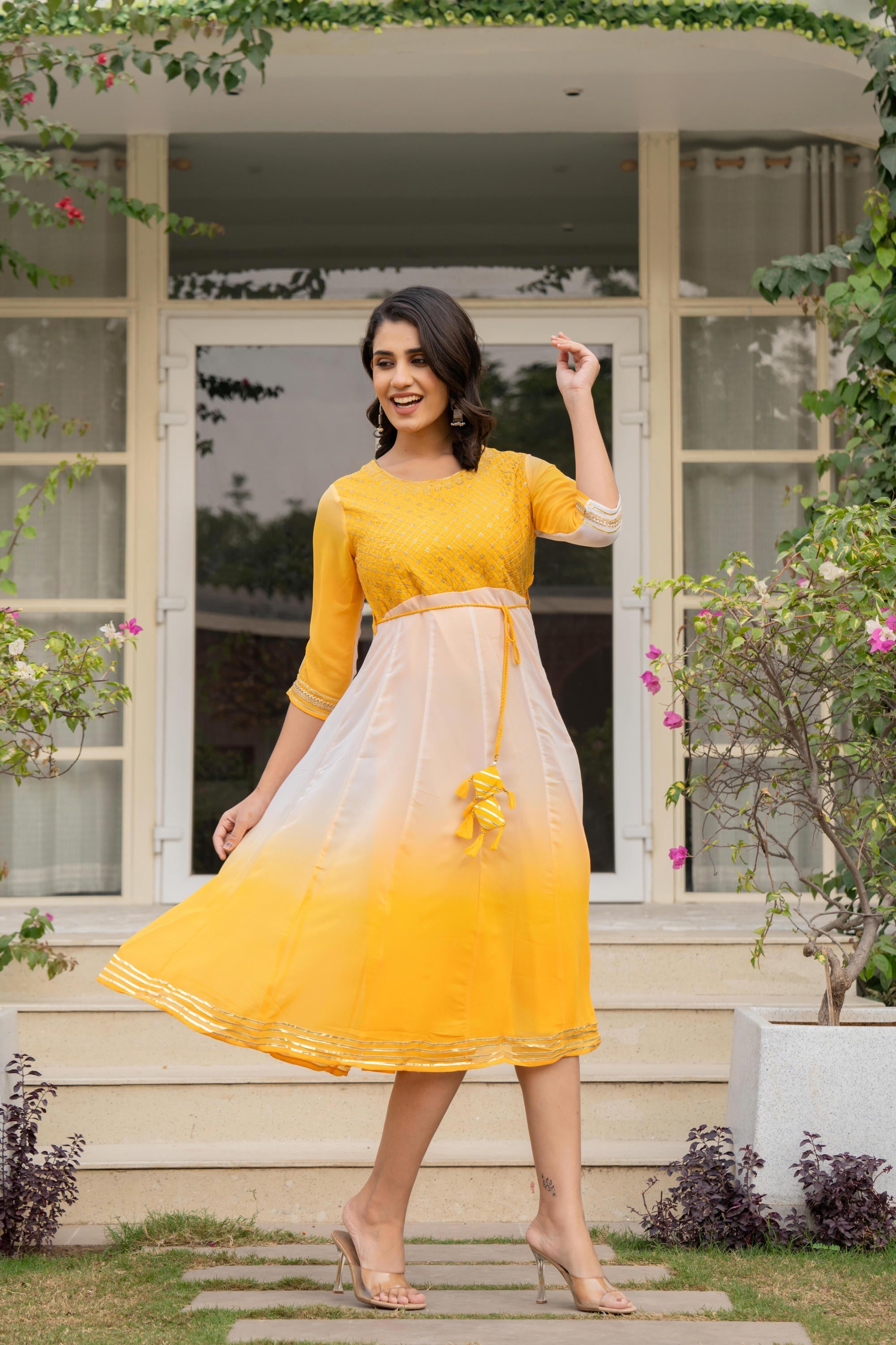 Yellow Printed Georgette Dress With Doris At Waist & Sequins | DesiQlo