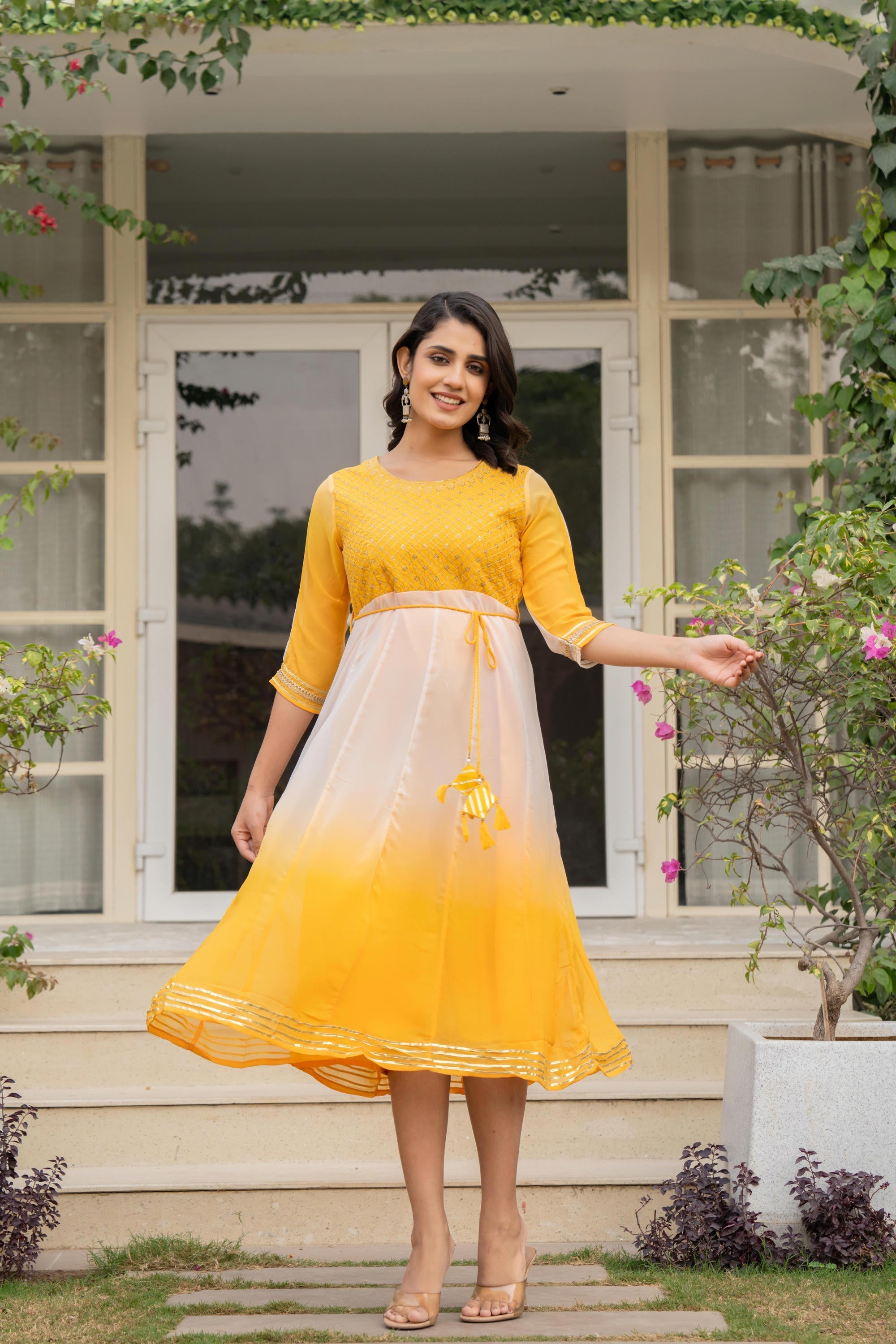 Yellow Printed Georgette Dress With Doris At Waist & Sequins | DesiQlo