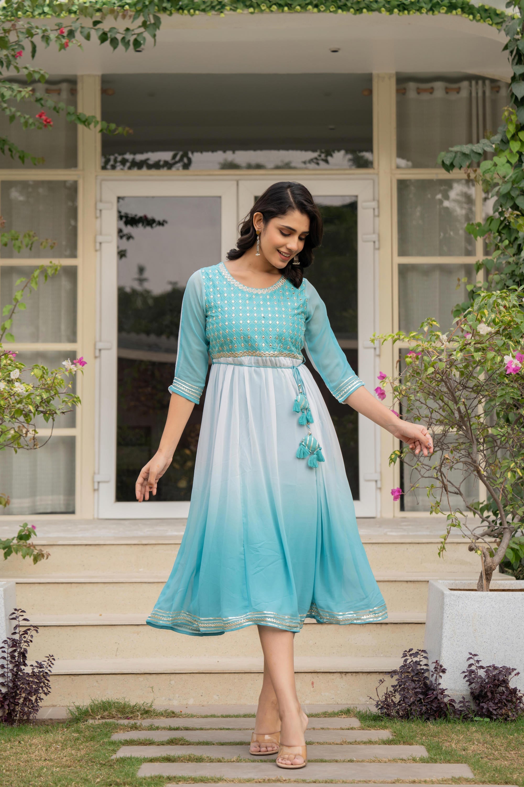 Teal Solid Georgette Dress With Doris At Waist & Mirror Work | DesiQlo