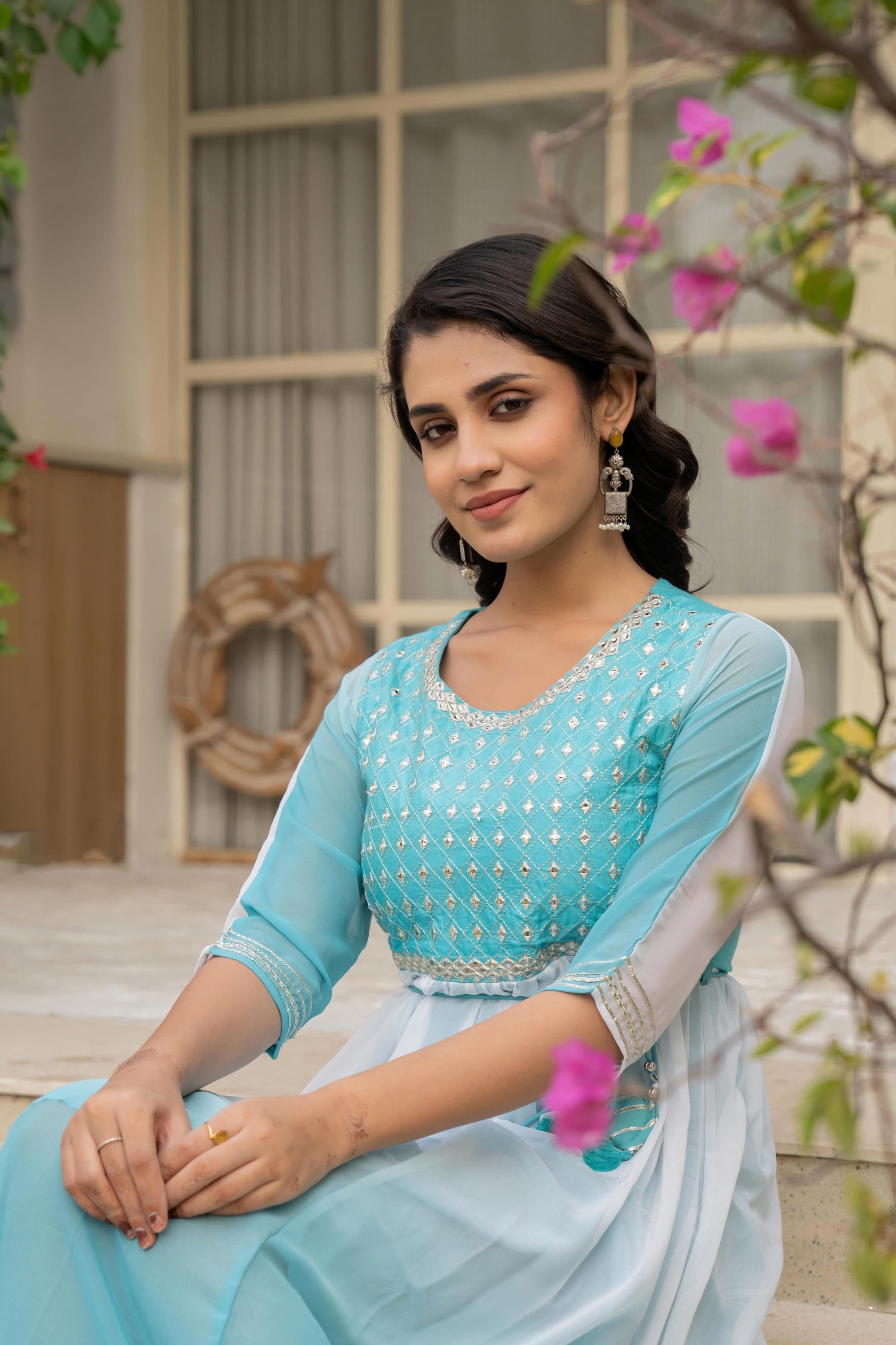 Teal Solid Georgette Dress With Doris At Waist & Mirror Work | DesiQlo