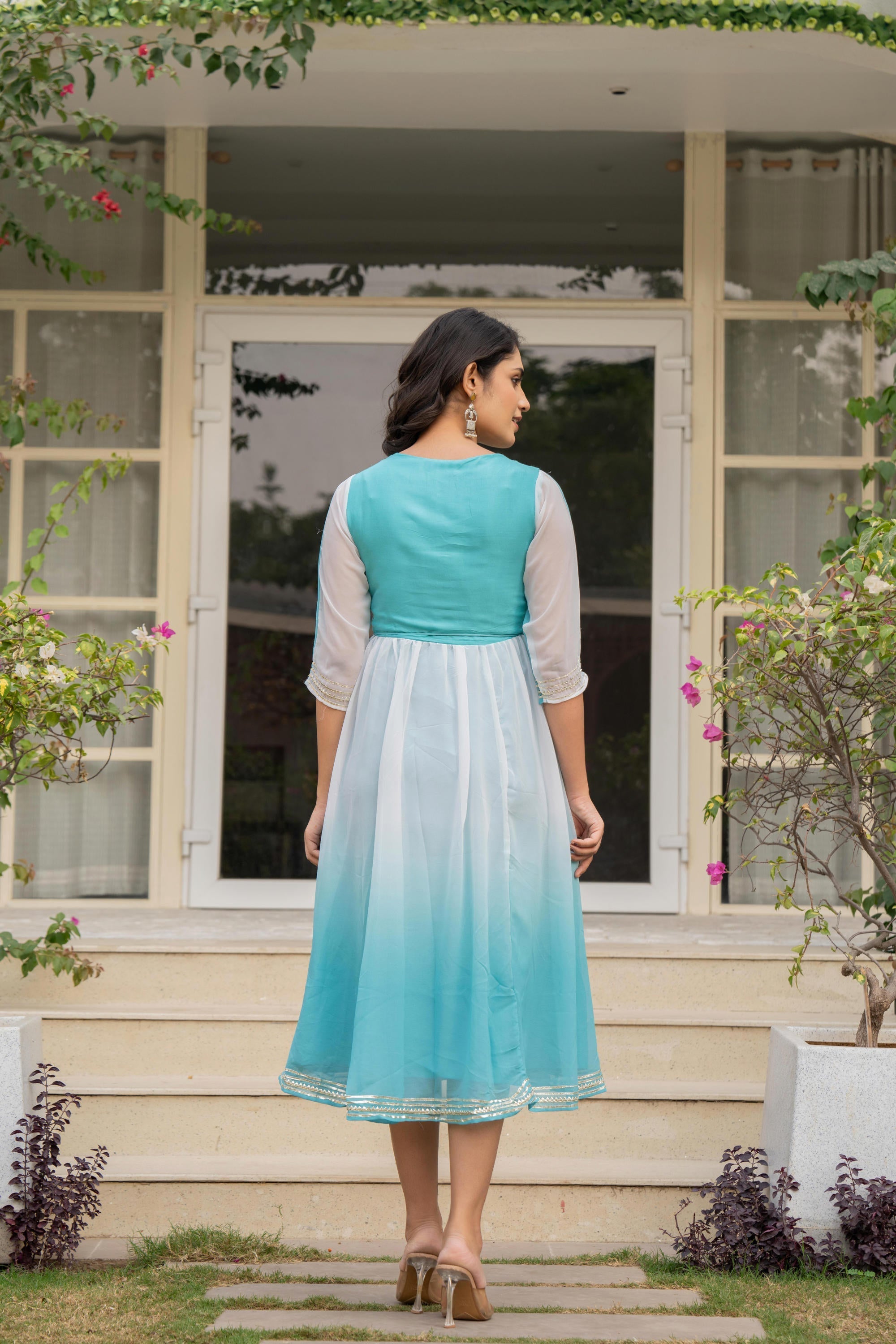 Teal Solid Georgette Dress With Doris At Waist & Mirror Work | DesiQlo