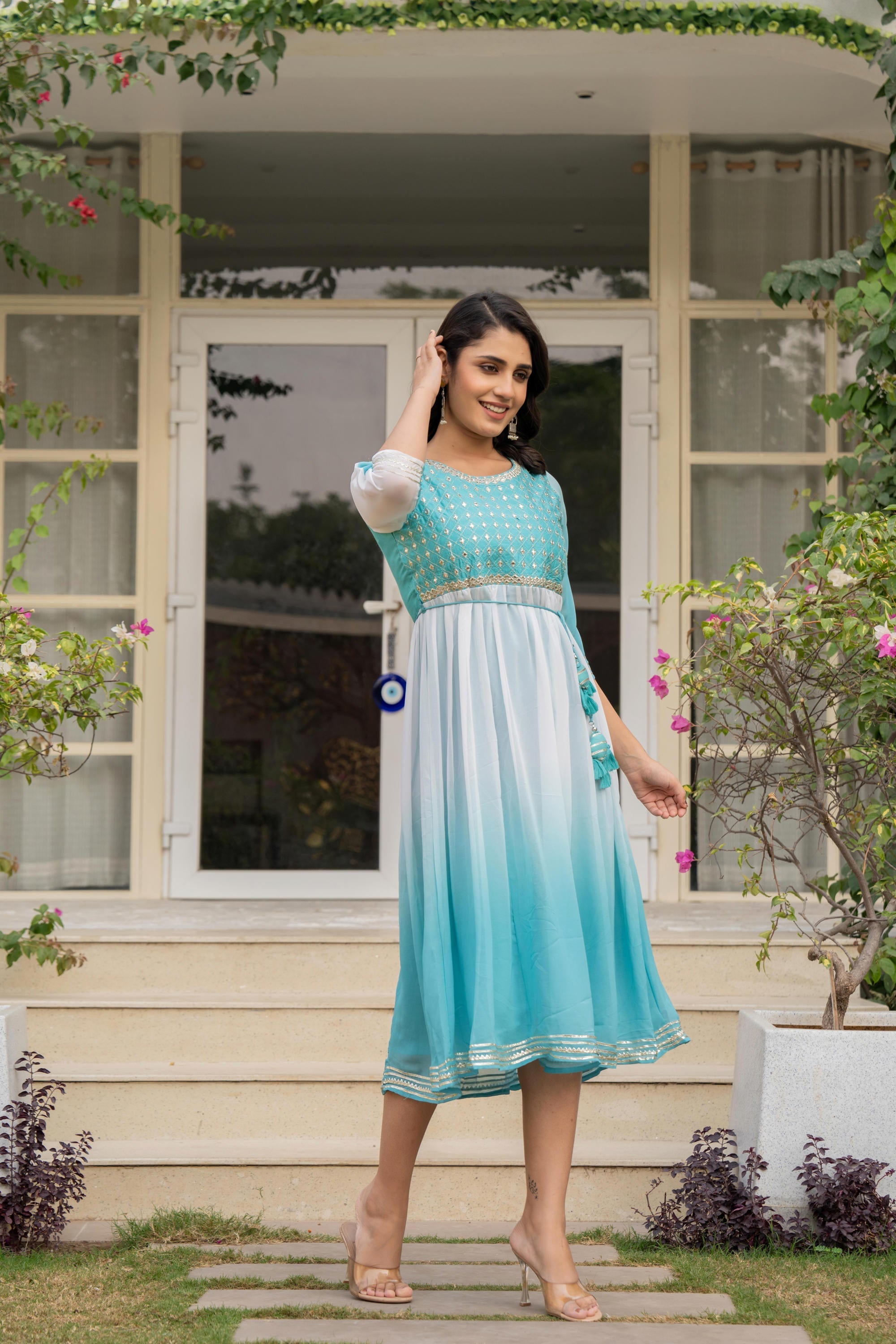 Teal Solid Georgette Dress With Doris At Waist & Mirror Work | DesiQlo