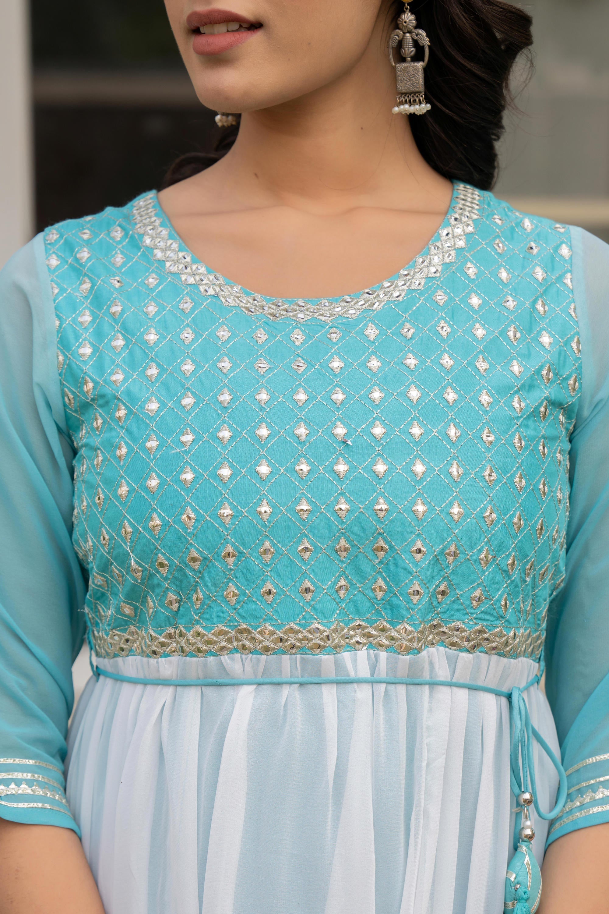 Teal Solid Georgette Dress With Doris At Waist & Mirror Work | DesiQlo