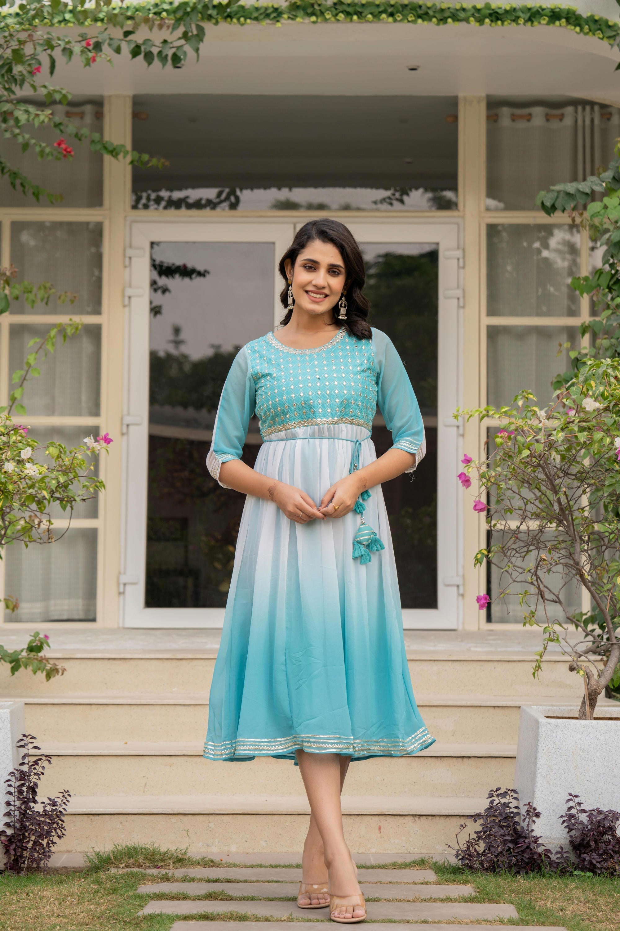 Teal Solid Georgette Dress With Doris At Waist & Mirror Work | DesiQlo