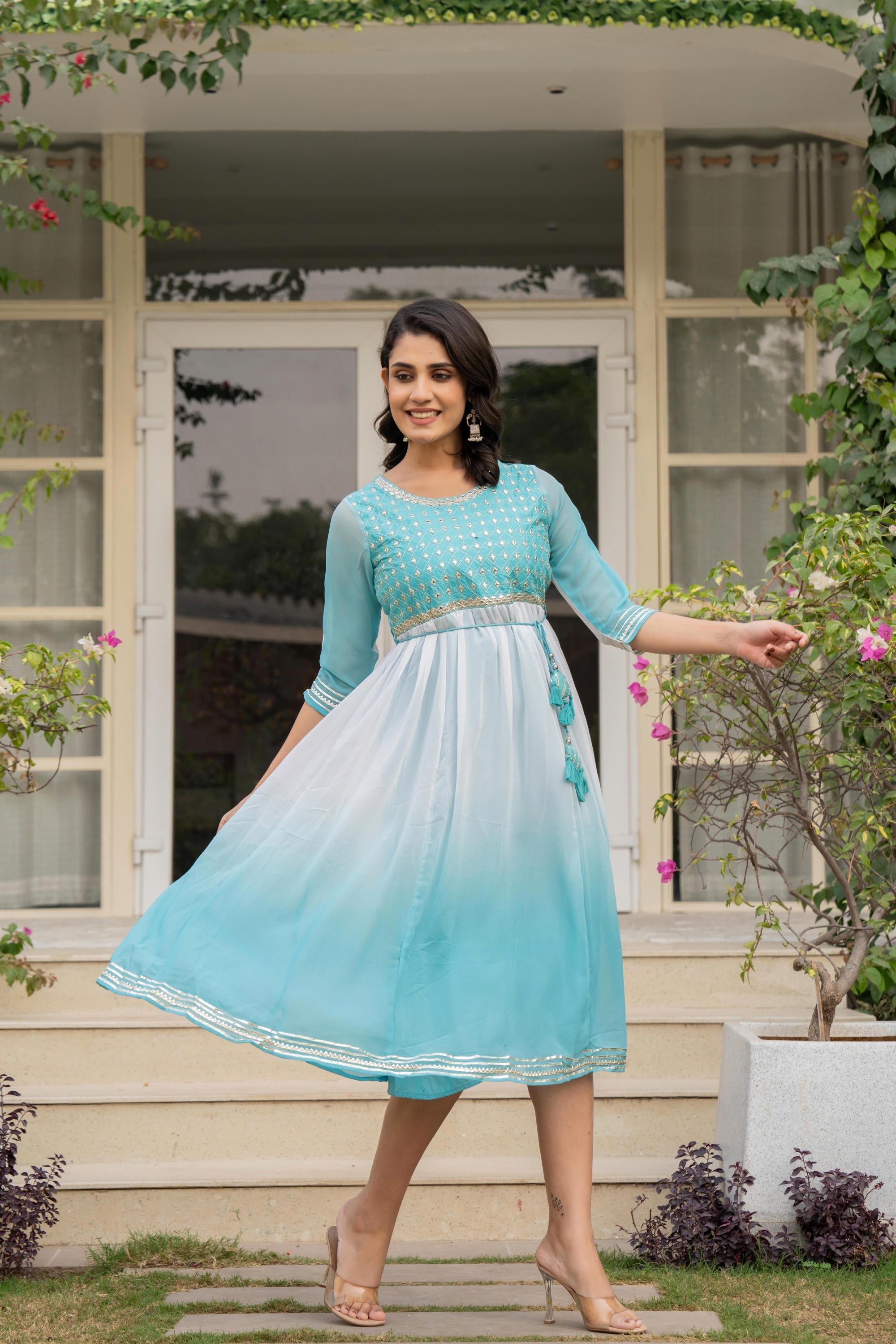 Teal Solid Georgette Dress With Doris At Waist & Mirror Work | DesiQlo
