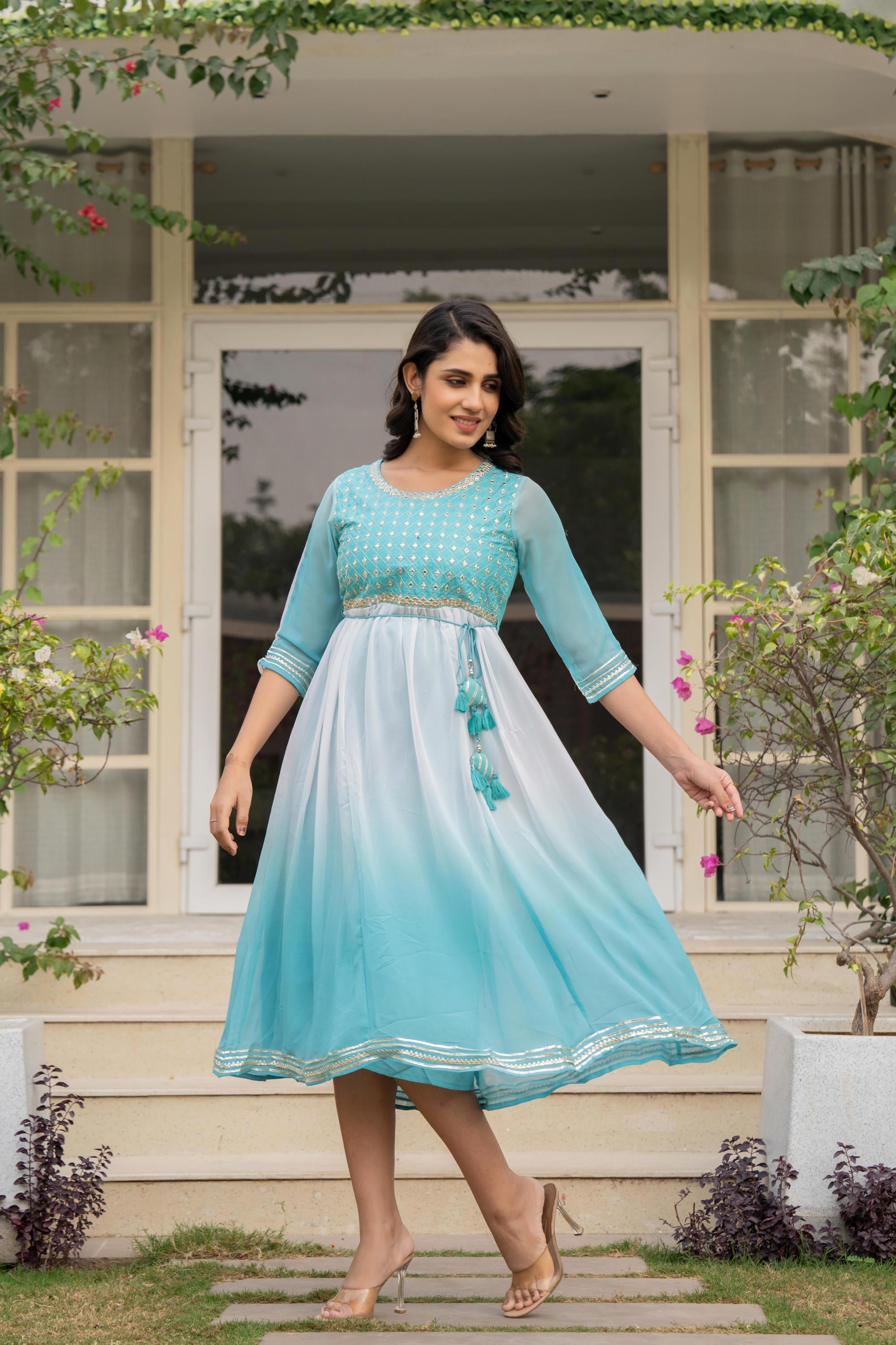 Teal Solid Georgette Dress With Doris At Waist & Mirror Work | DesiQlo
