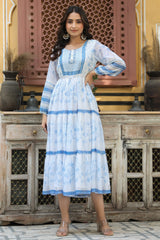 Women's Off-White Chiffon Printed Tiered Dress