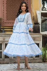 Women's Off-White Chiffon Printed Tiered Dress