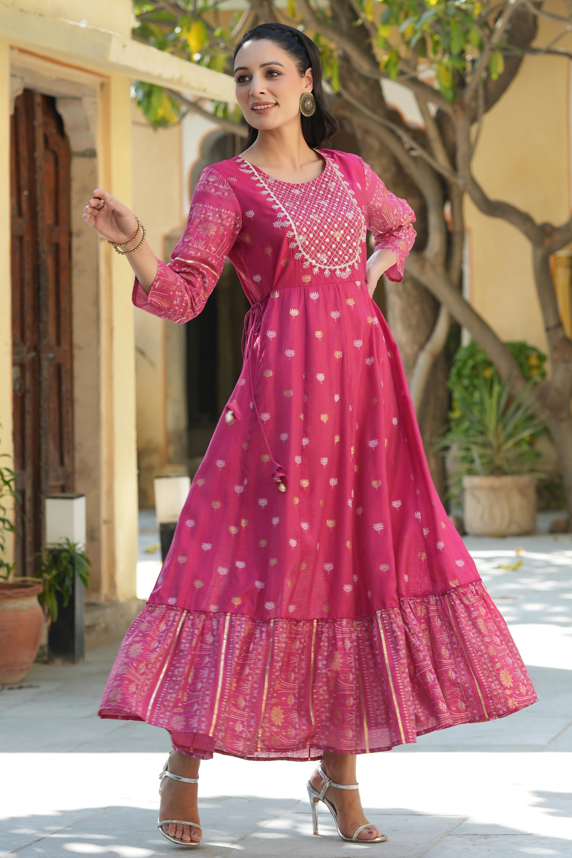 Fuchsia Ethnic Motif Printed Viscose Dress With Doris & Sequins | Desi