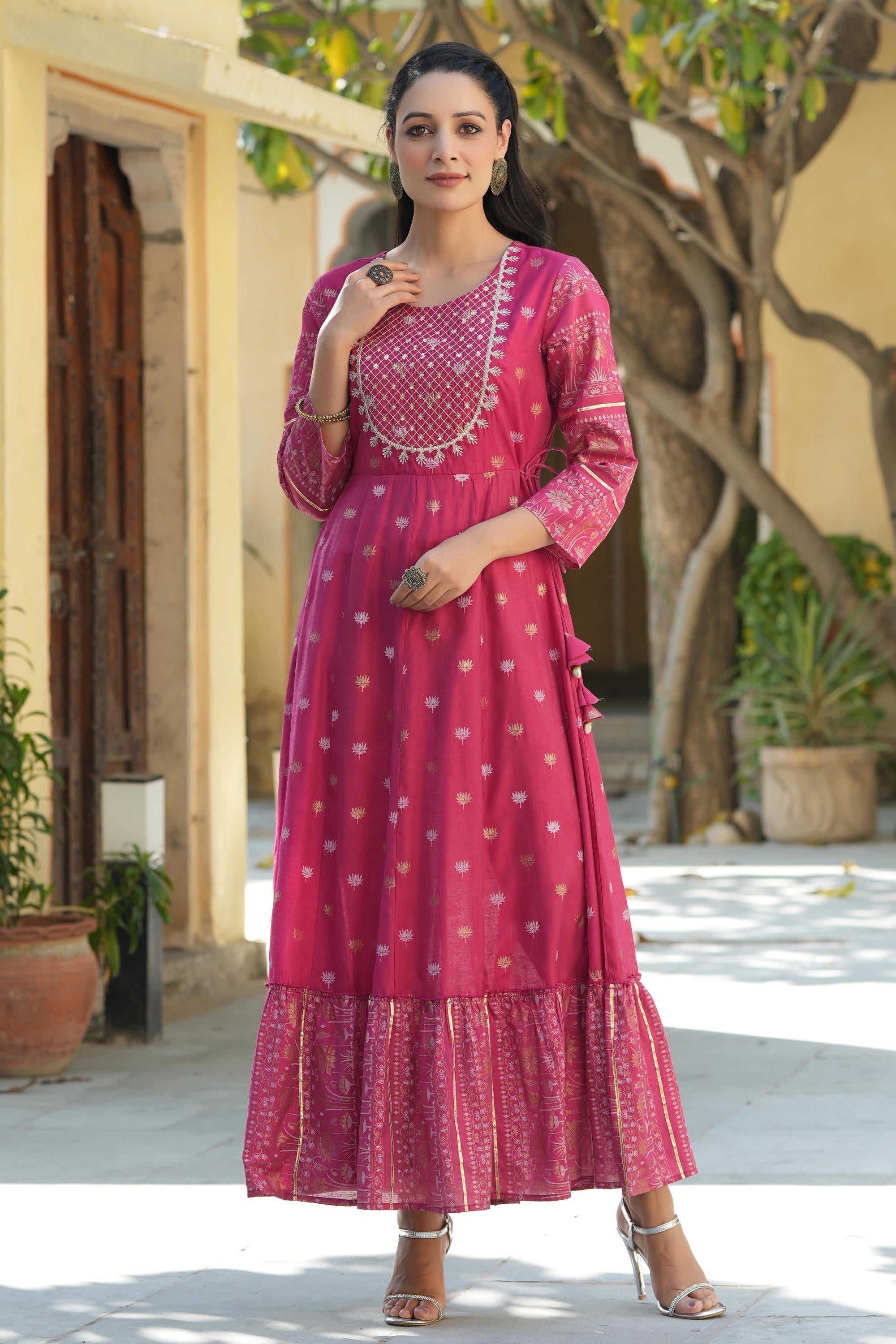 Fuchsia Ethnic Motif Printed Viscose Dress With Doris & Sequins | Desi