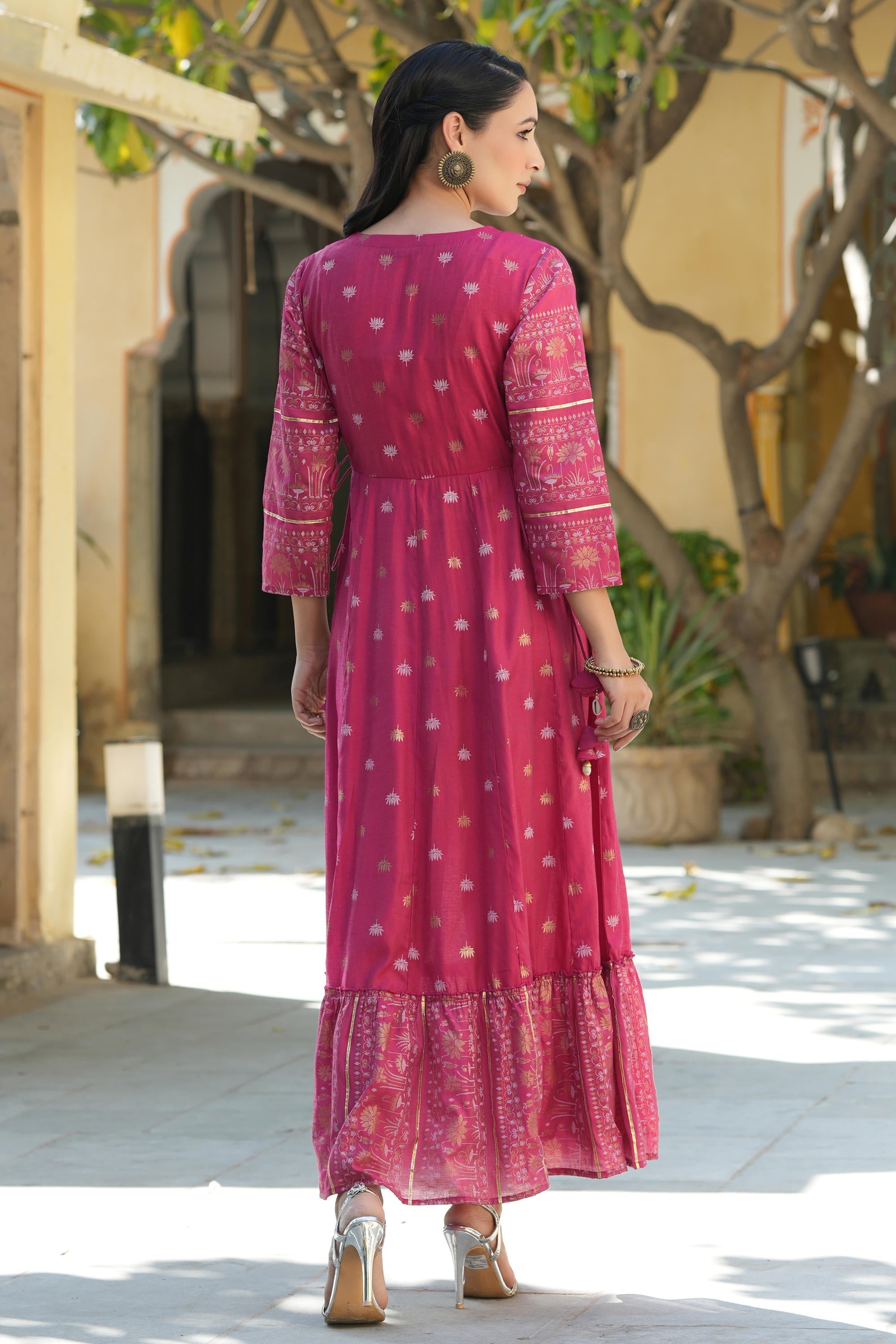 Fuchsia Ethnic Motif Printed Viscose Dress With Doris & Sequins | Desi