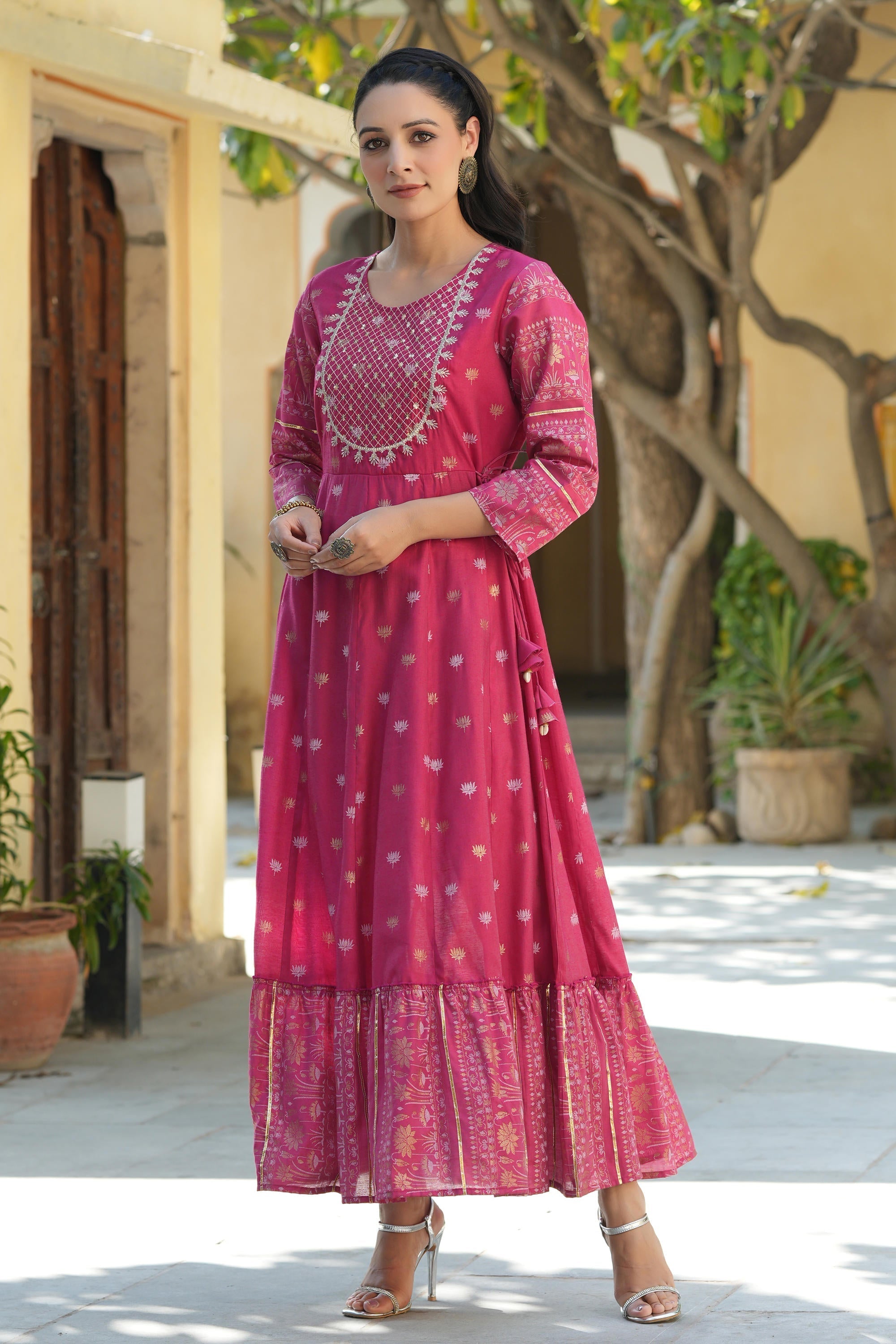 Fuchsia Ethnic Motif Printed Viscose Dress With Doris & Sequins | Desi