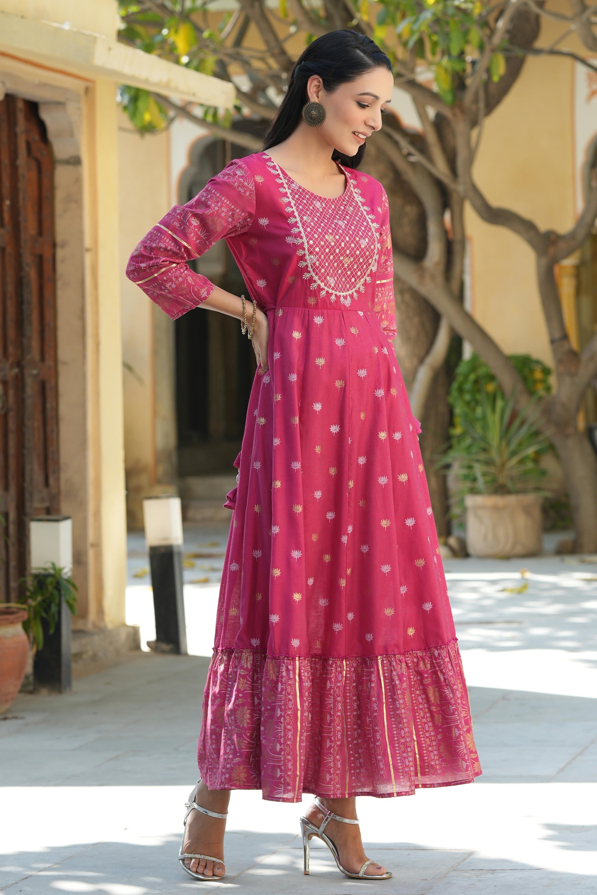 Fuchsia Ethnic Motif Printed Viscose Dress With Doris & Sequins | Desi