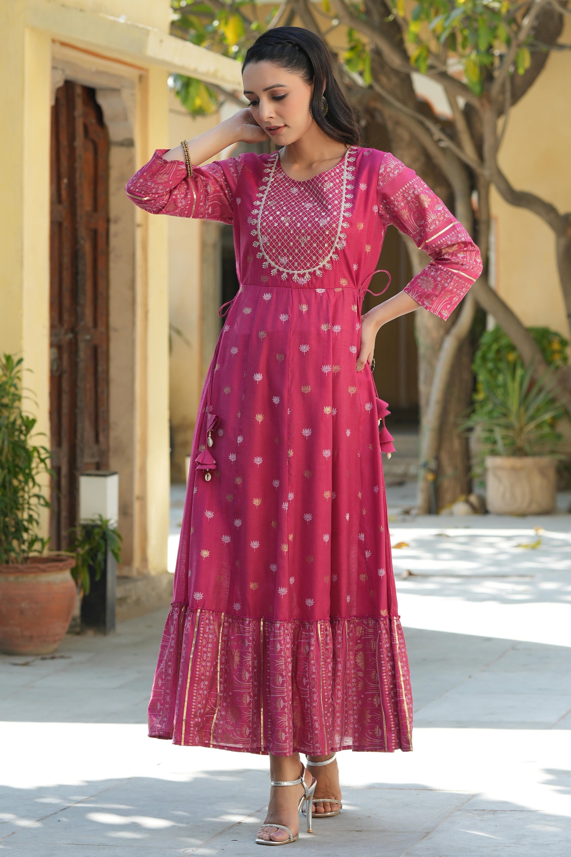 Fuchsia Ethnic Motif Printed Viscose Dress With Doris & Sequins | Desi