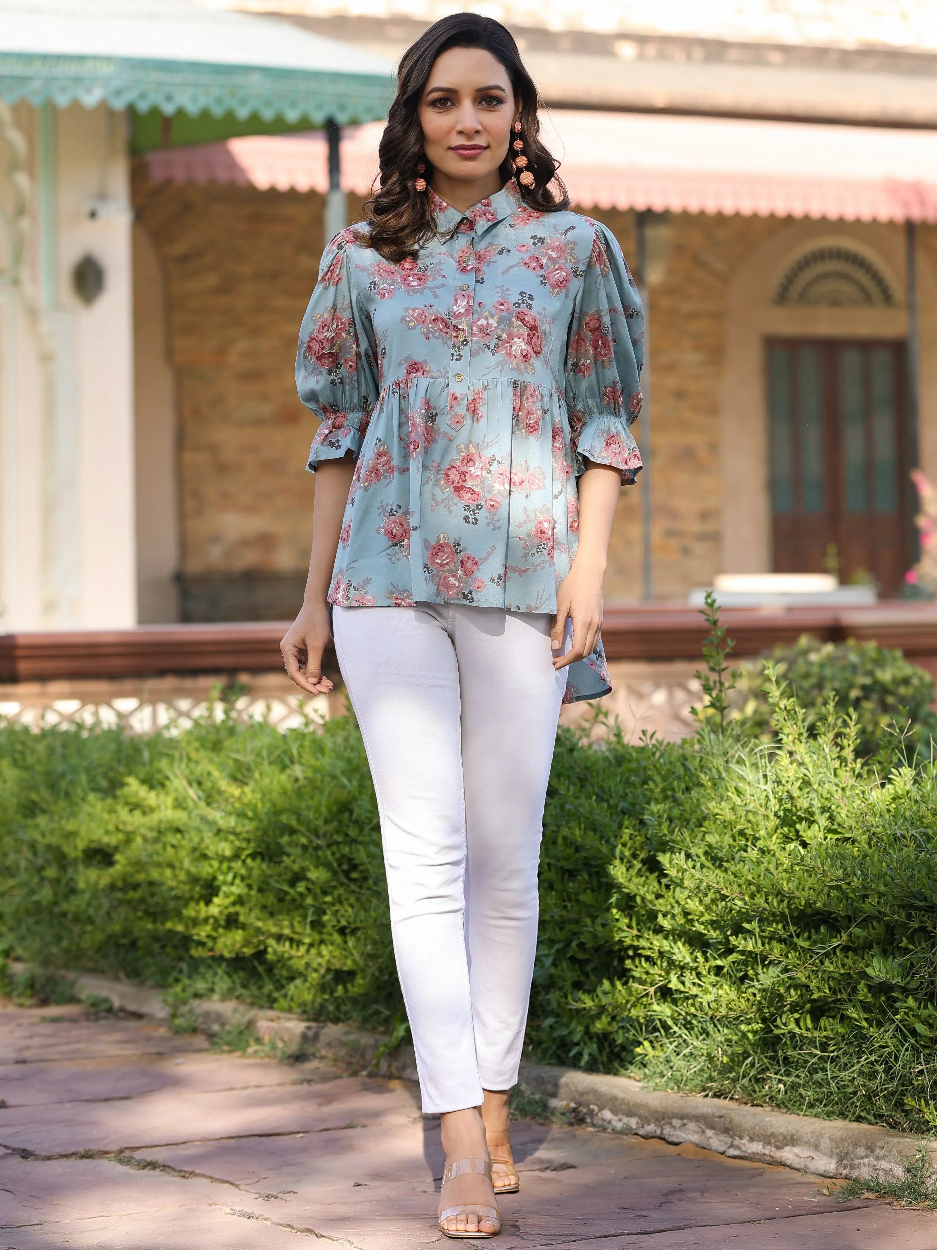 Floral Peplum Tunic - Blue Women's High Low Top