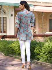 Women Blue Shantoon Floral Printed High & Low Peplum Tunic.