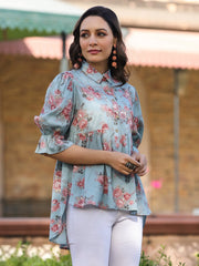 Women Blue Shantoon Floral Printed High & Low Peplum Tunic.