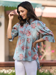 Women Blue Shantoon Floral Printed High & Low Peplum Tunic.