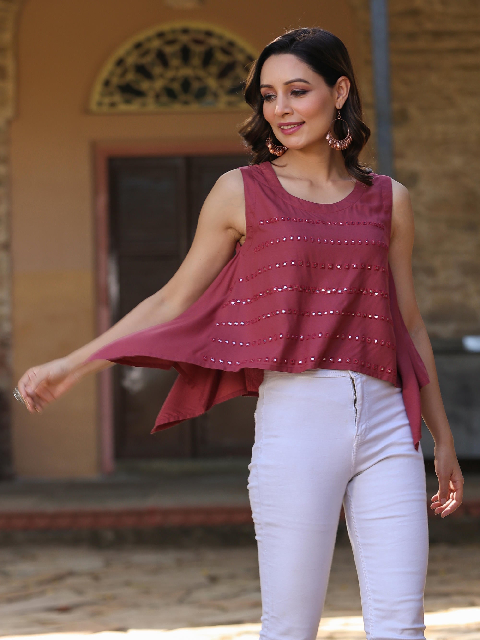 Rust Solid Liva Rayon Tunic With Mirror & Thread Work | DesiQlo