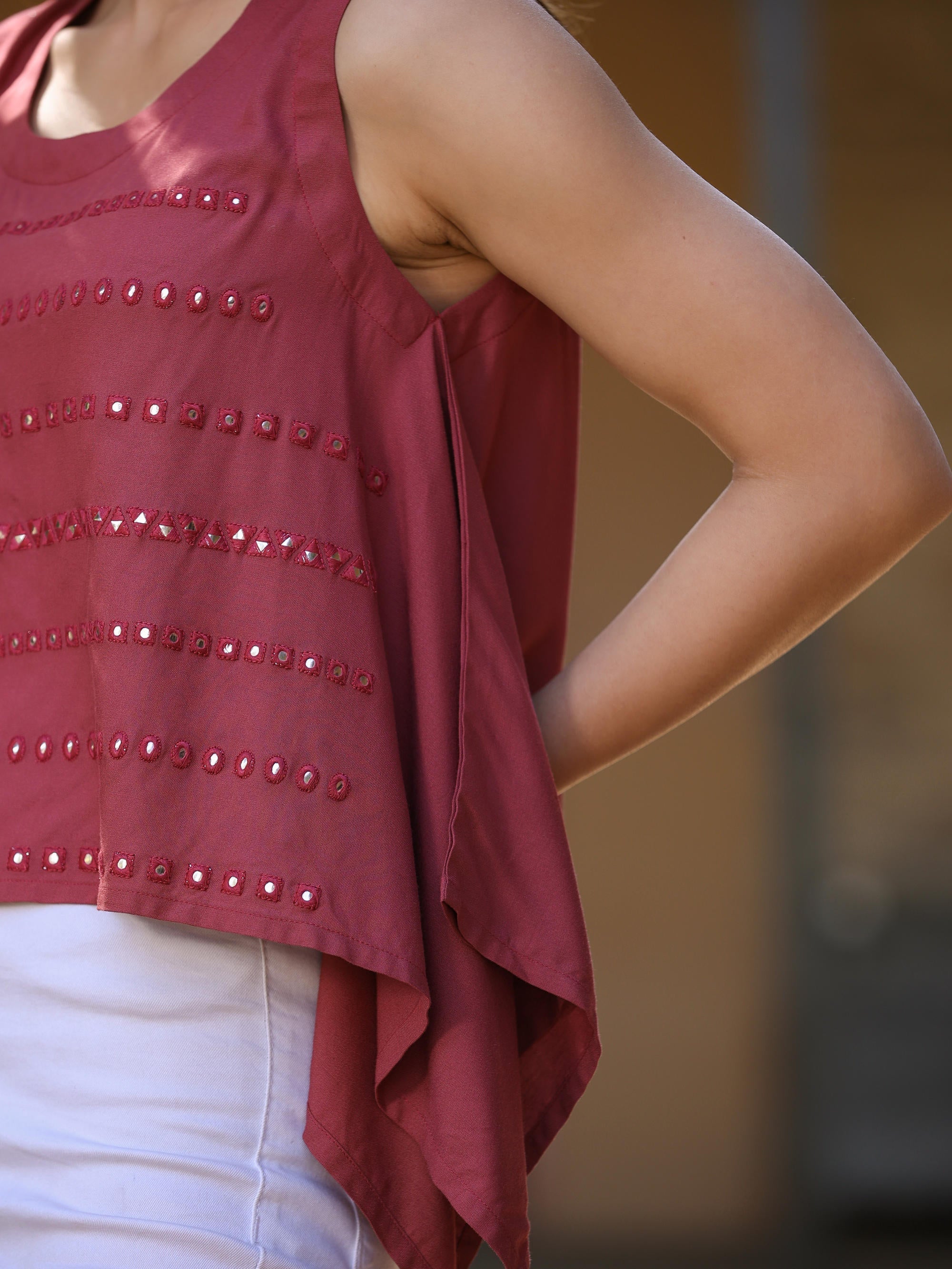 Rust Solid Liva Rayon Tunic With Mirror & Thread Work | DesiQlo
