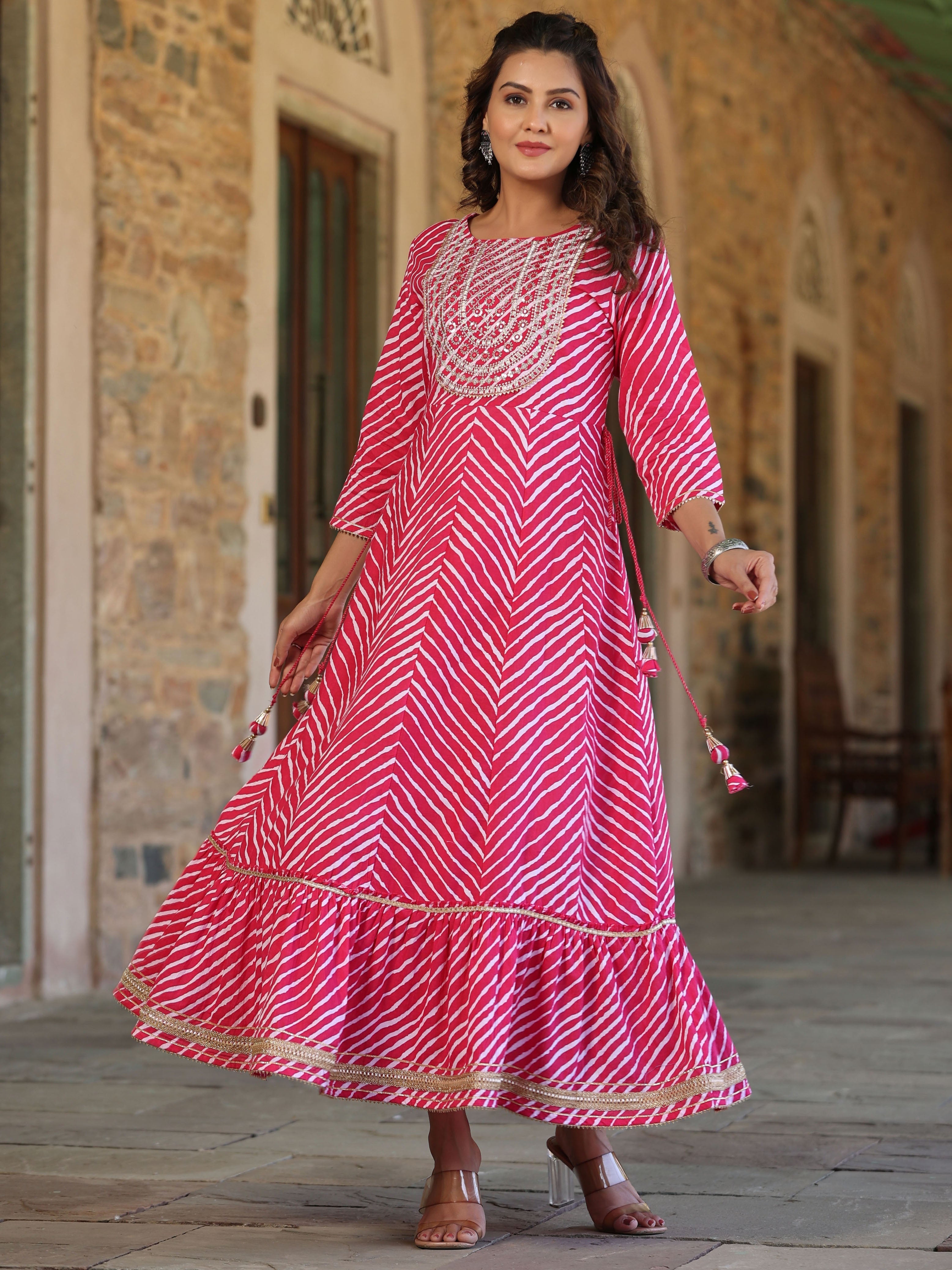 Pink Cotton Leheriya Printed Anarkali Dress With Embroidered Yoke & Do