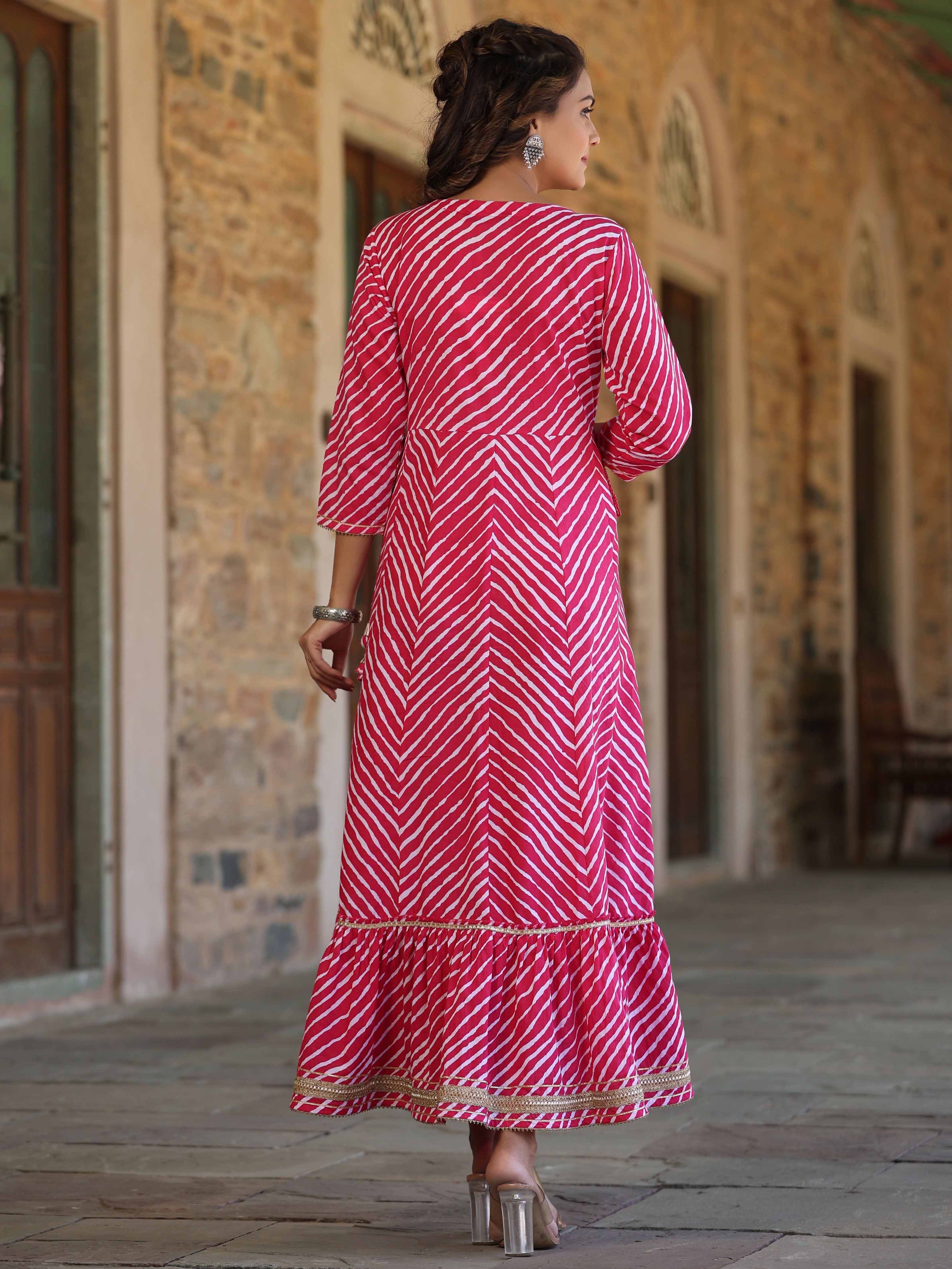 Pink Cotton Leheriya Printed Anarkali Dress With Embroidered Yoke & Do