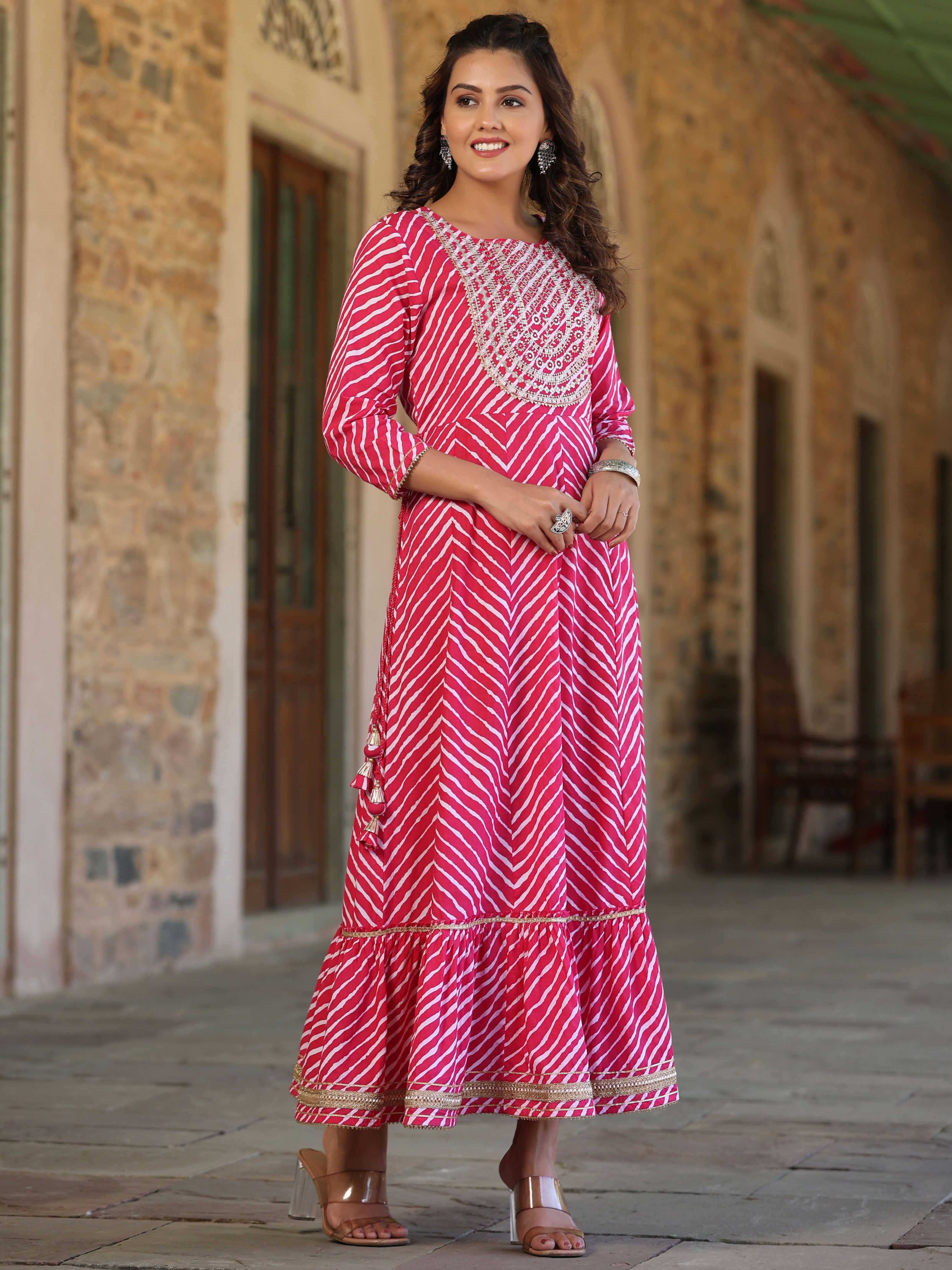Pink Cotton Leheriya Printed Anarkali Dress With Embroidered Yoke & Do