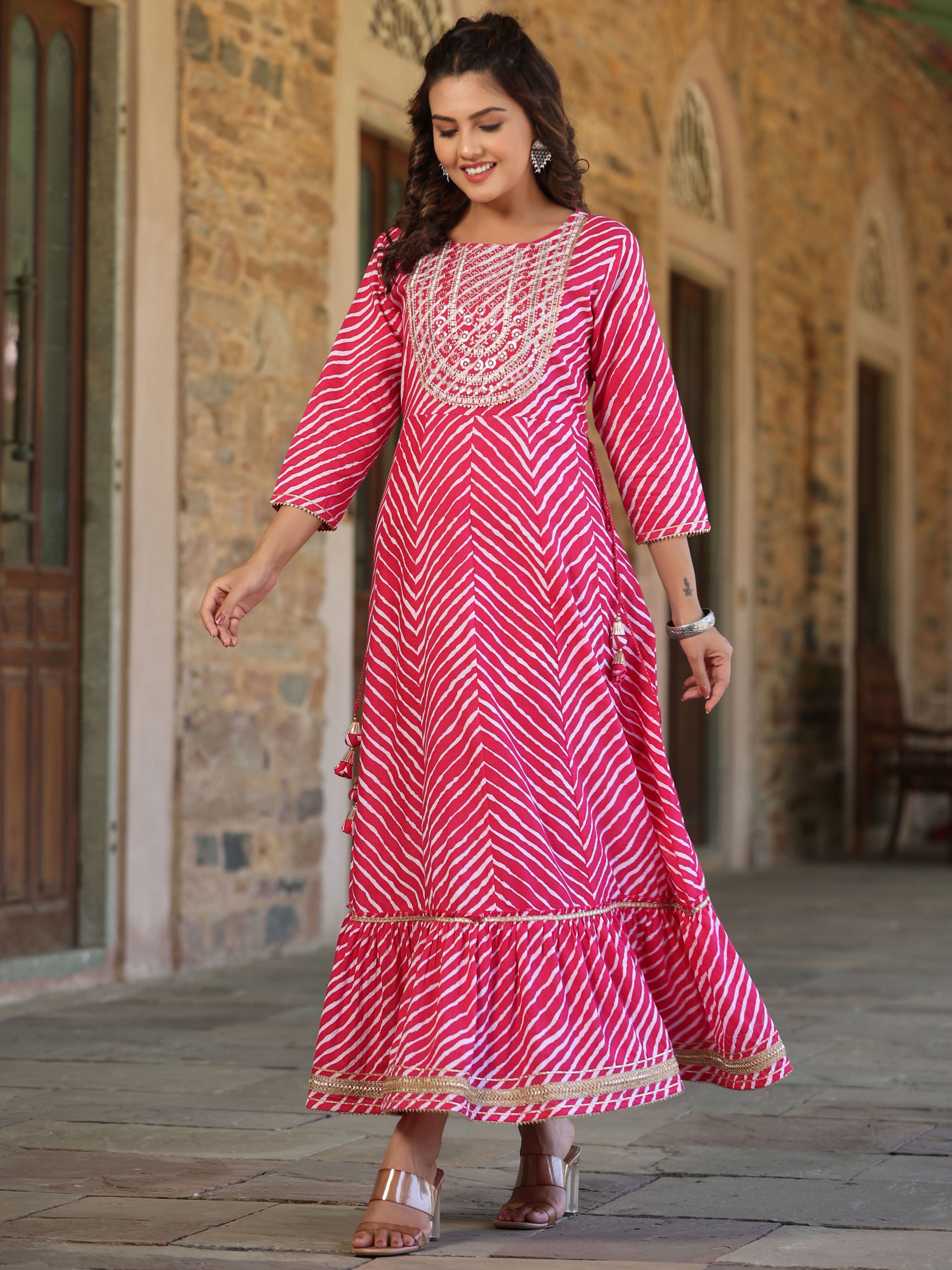 Pink Cotton Leheriya Printed Anarkali Dress With Embroidered Yoke & Do