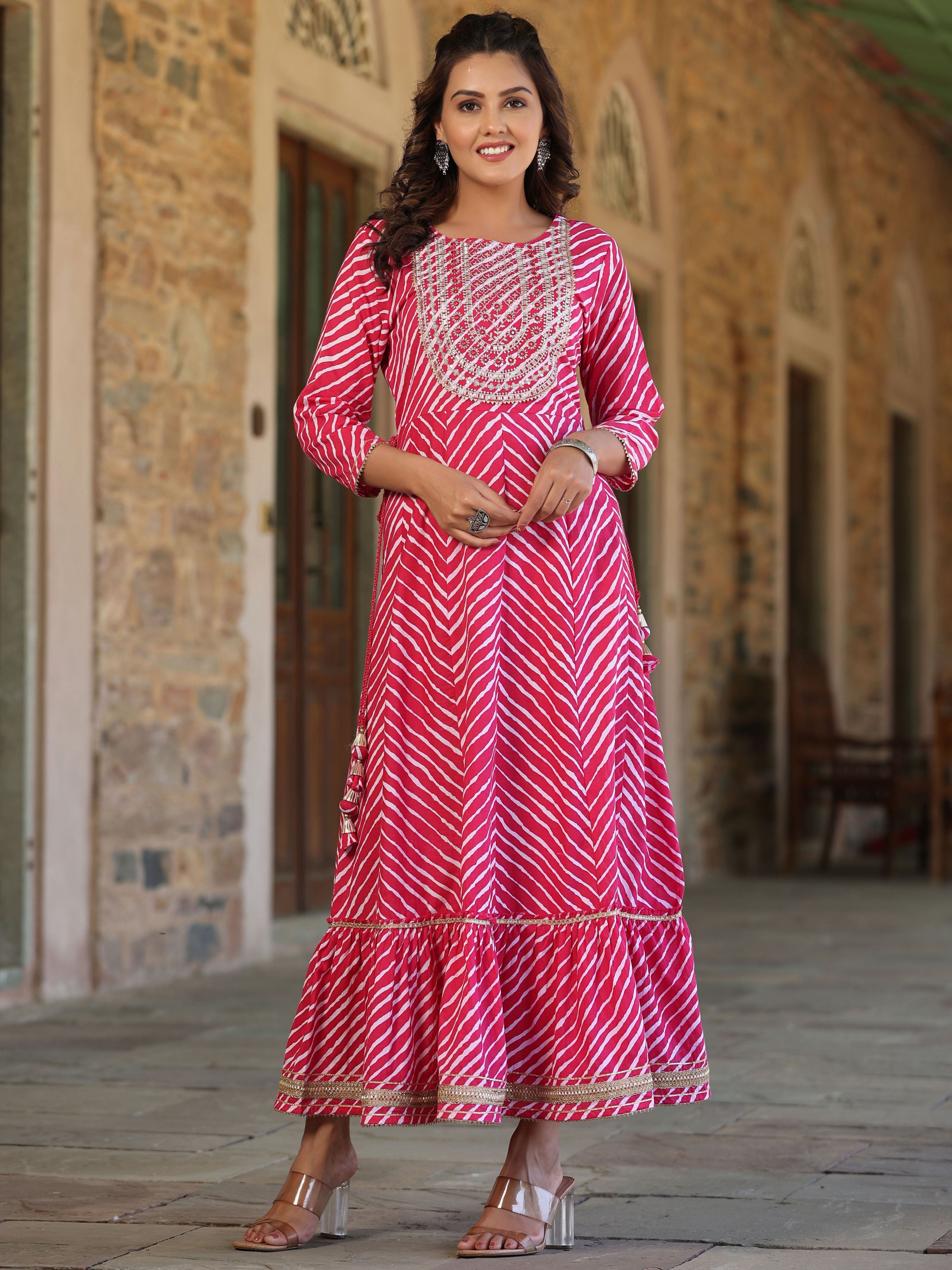 Pink Cotton Leheriya Printed Anarkali Dress With Embroidered Yoke & Do