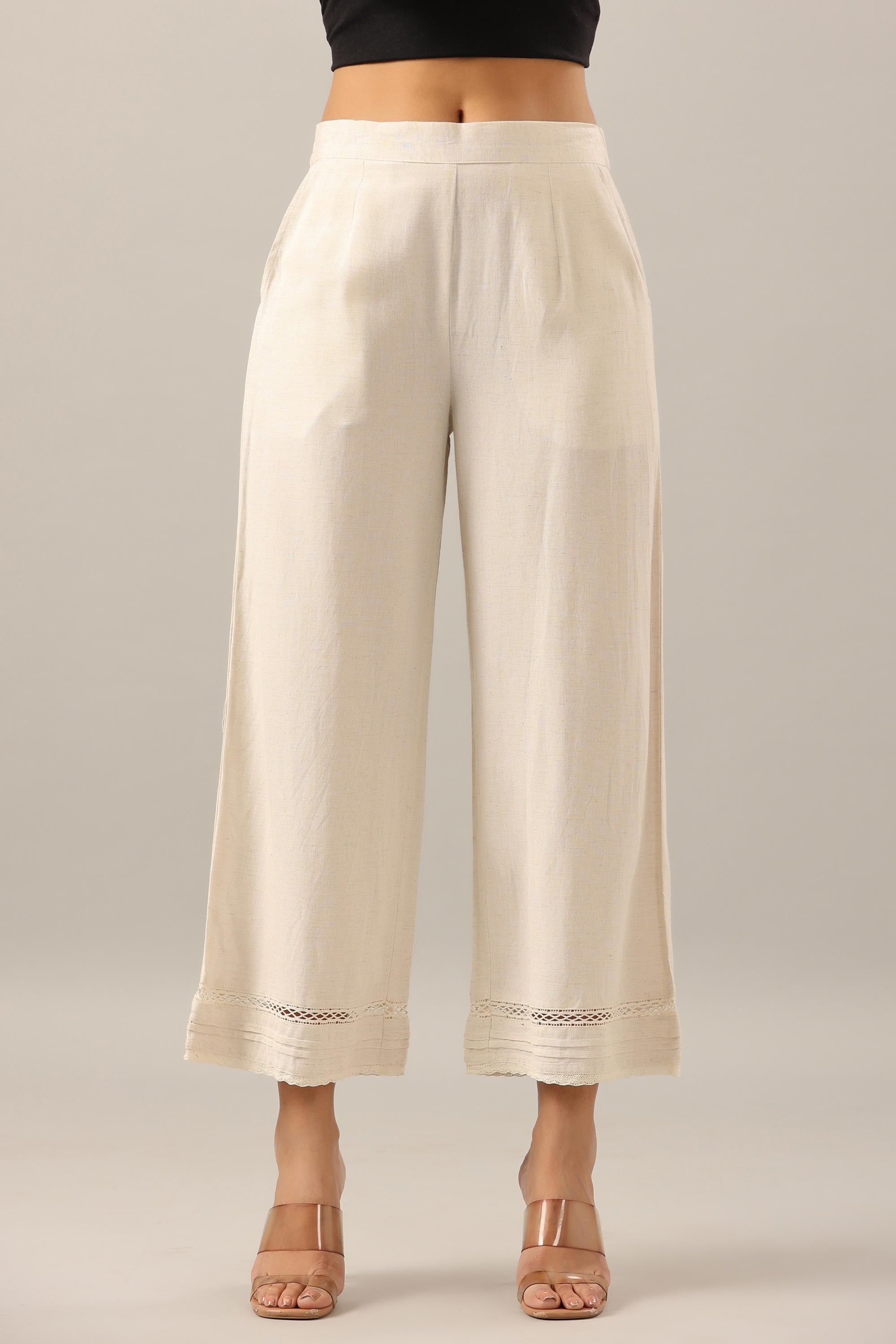 Off White Solid Liva Rayon Pant Palazzo | DesiQlo