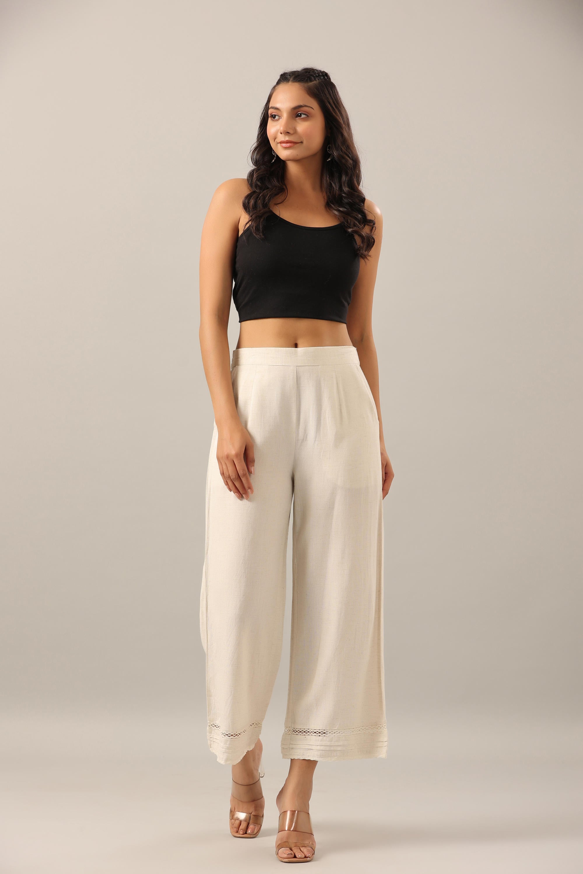 Off White Solid Liva Rayon Pant Palazzo | DesiQlo