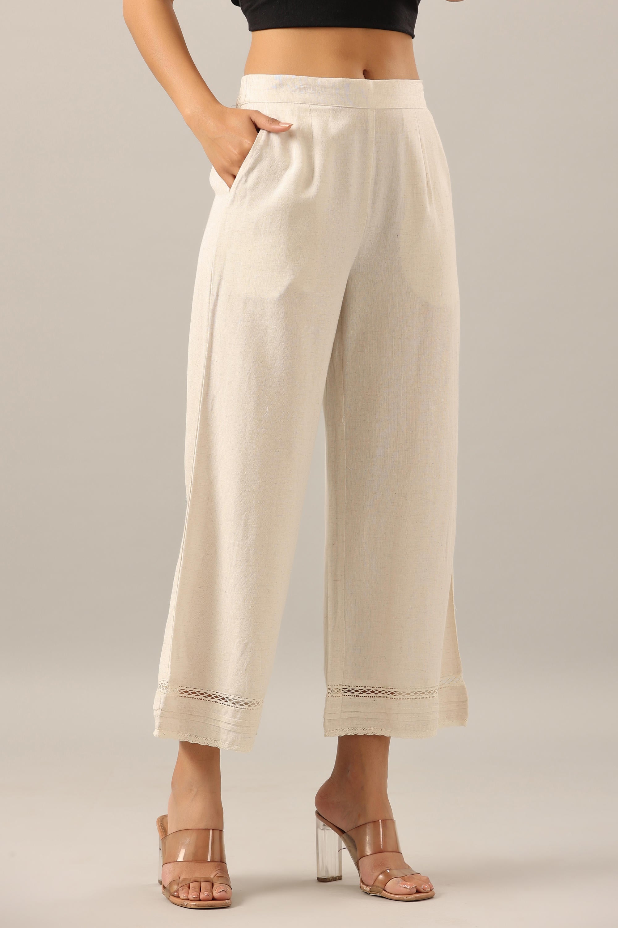 Off White Solid Liva Rayon Pant Palazzo | DesiQlo