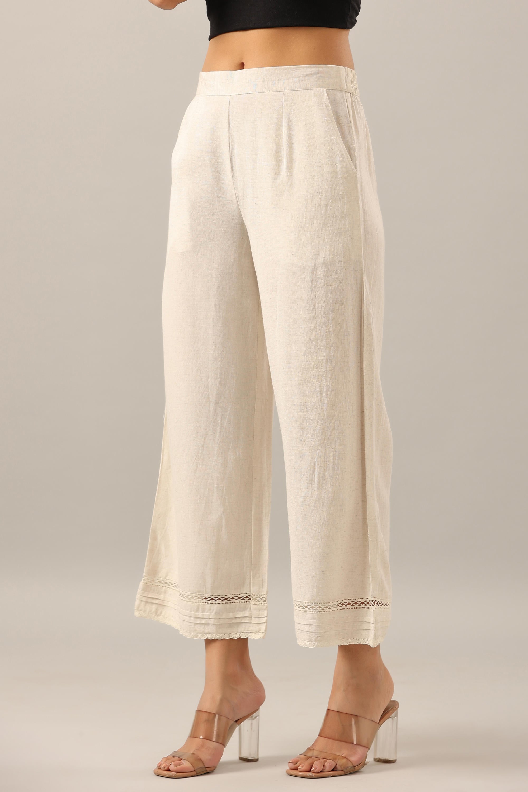Off White Solid Liva Rayon Pant Palazzo | DesiQlo