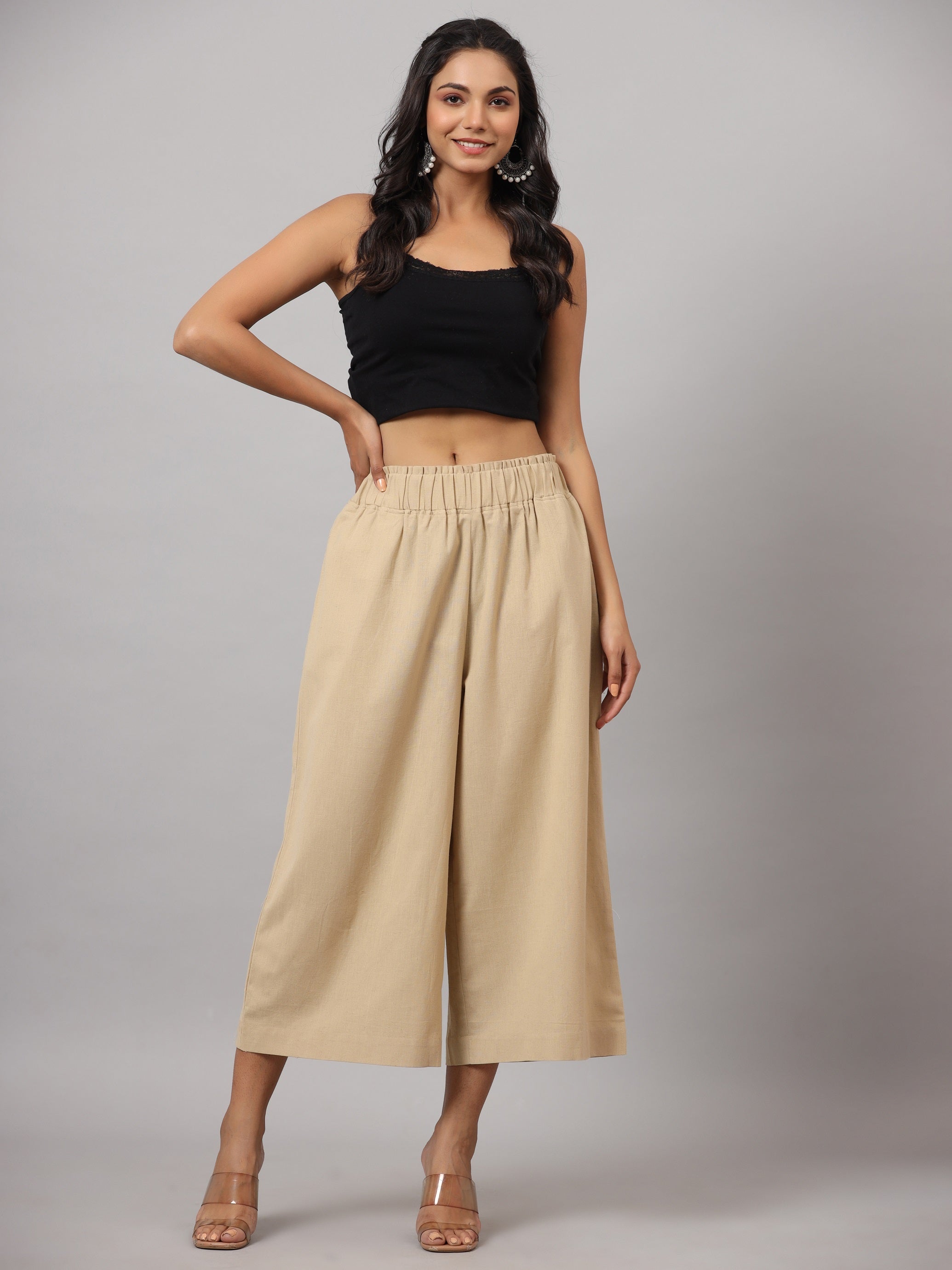 Women's Beige Cotton Flex Flared Culottes | DesiQlo