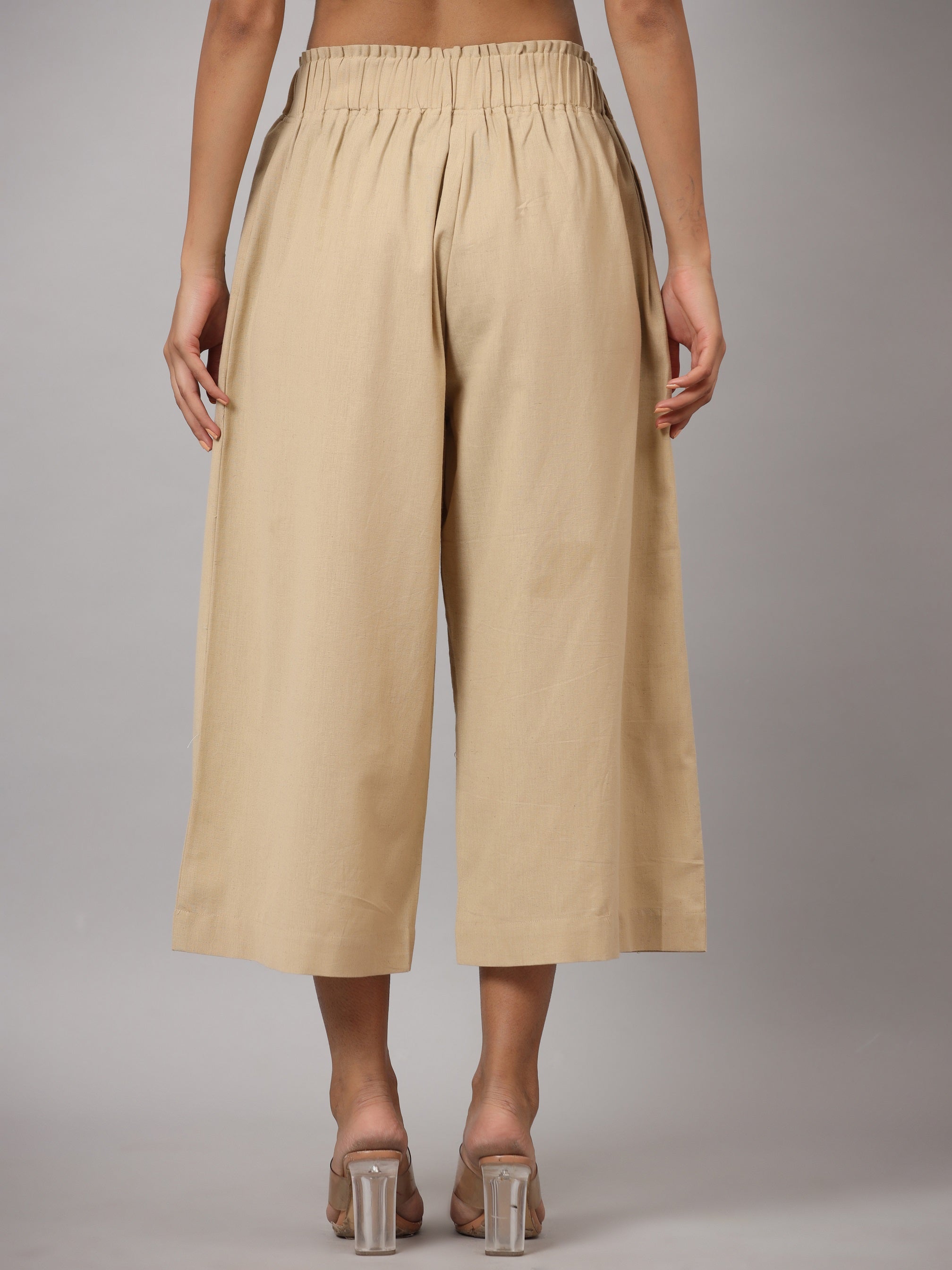 Women's Beige Cotton Flex Flared Culottes | DesiQlo