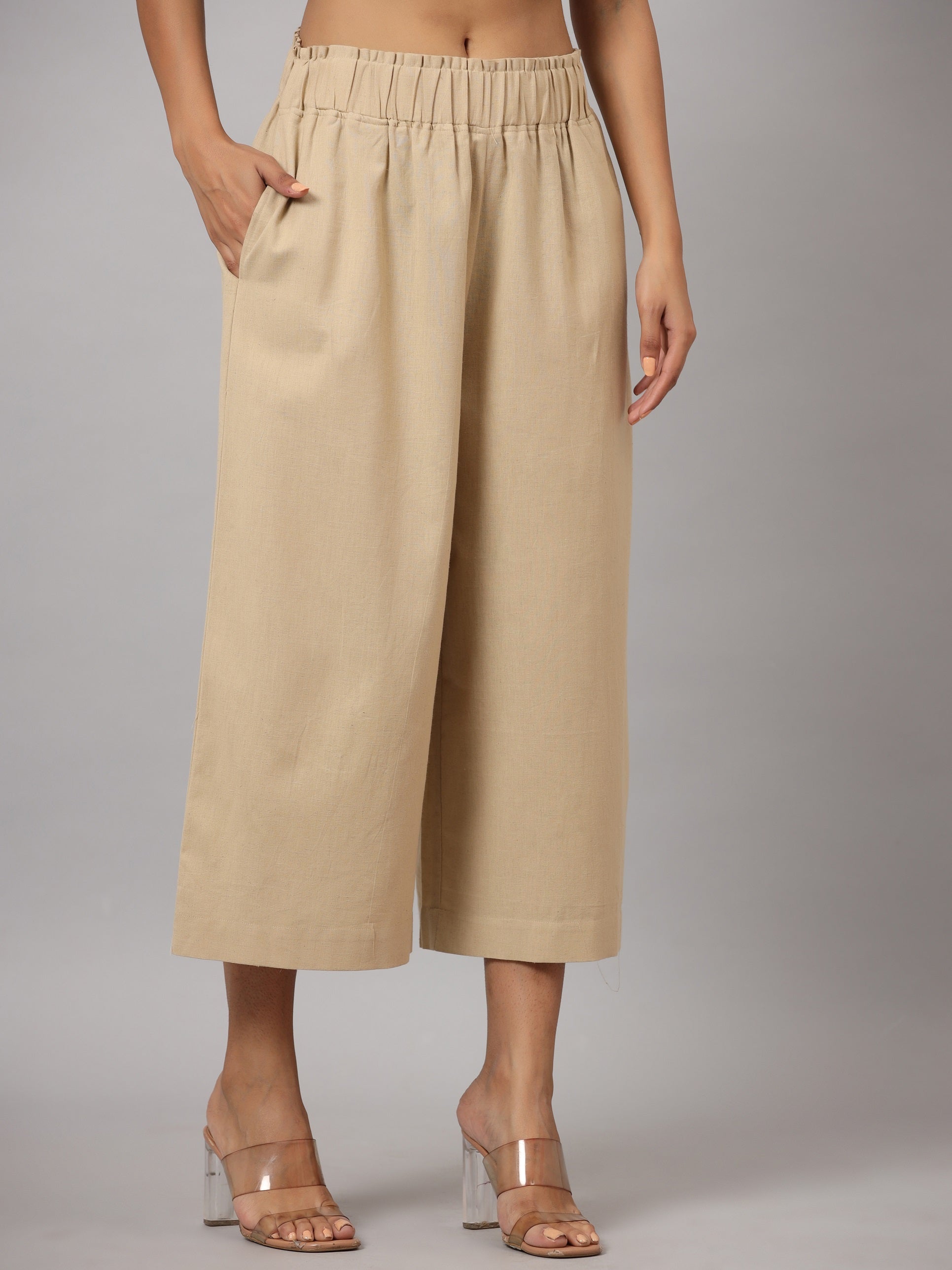 Women's Beige Cotton Flex Flared Culottes | DesiQlo