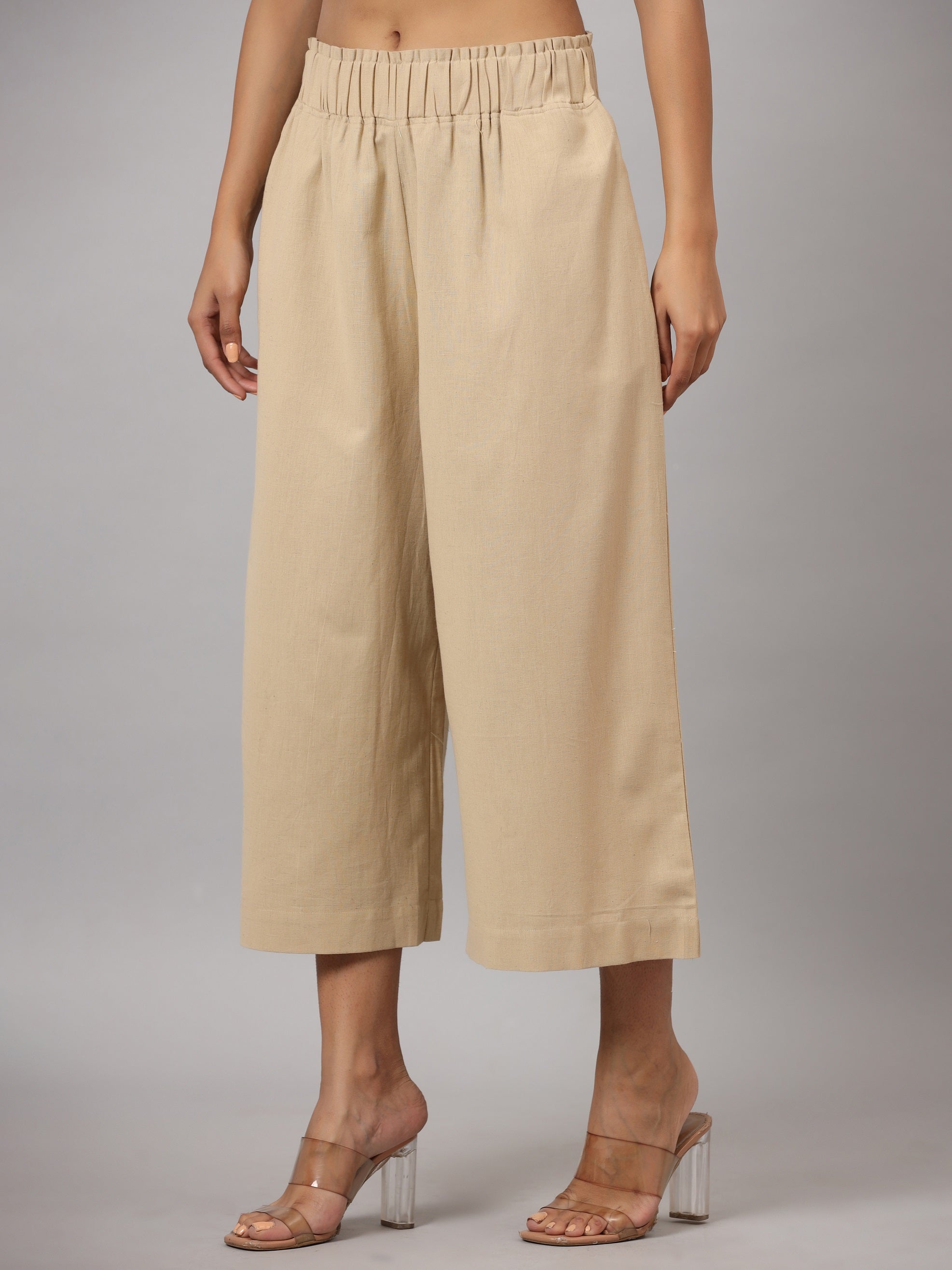 Women's Beige Cotton Flex Flared Culottes | DesiQlo