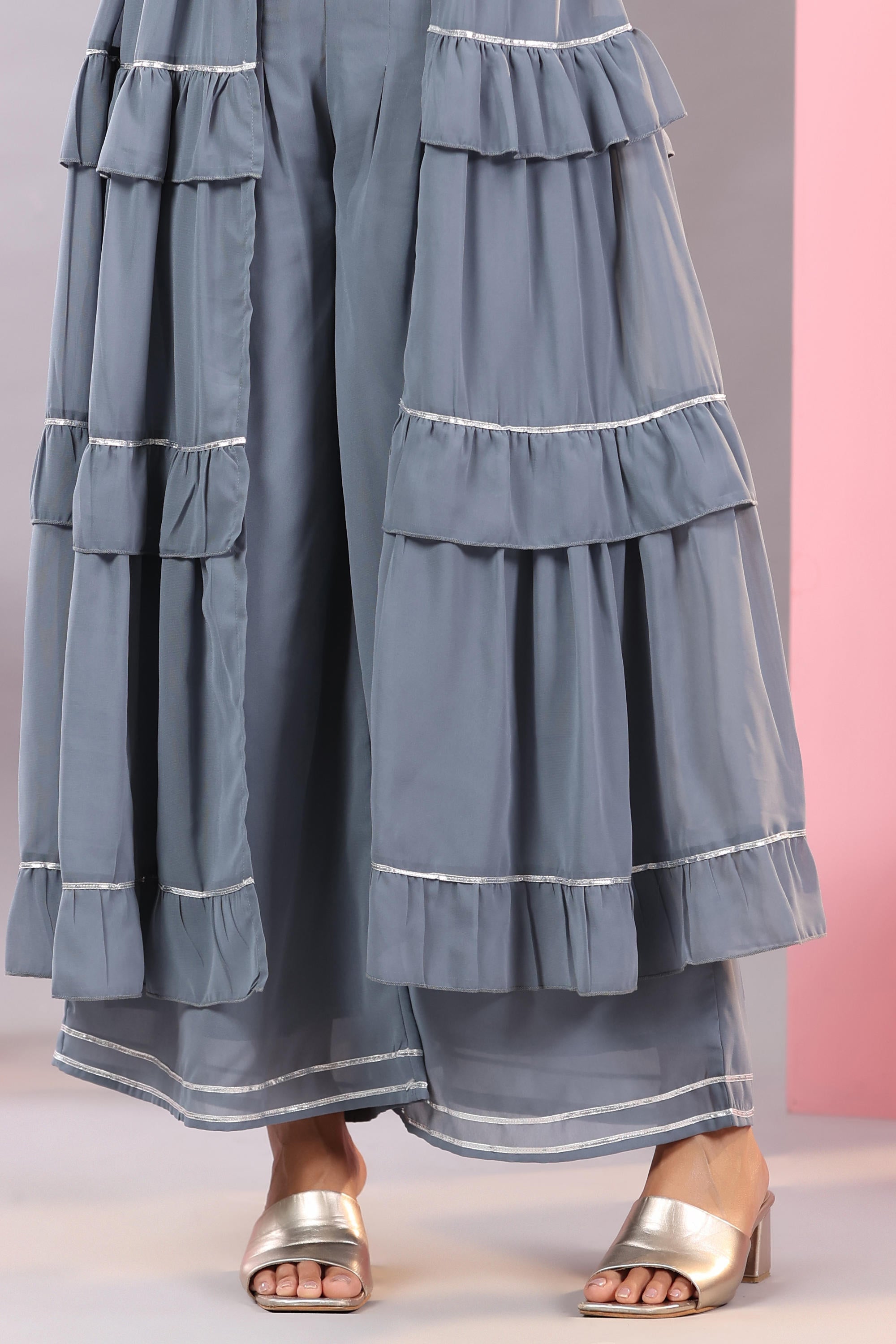 Grey Thread Embroidered Georgette Dress & Palazzo Set With Sequins & L