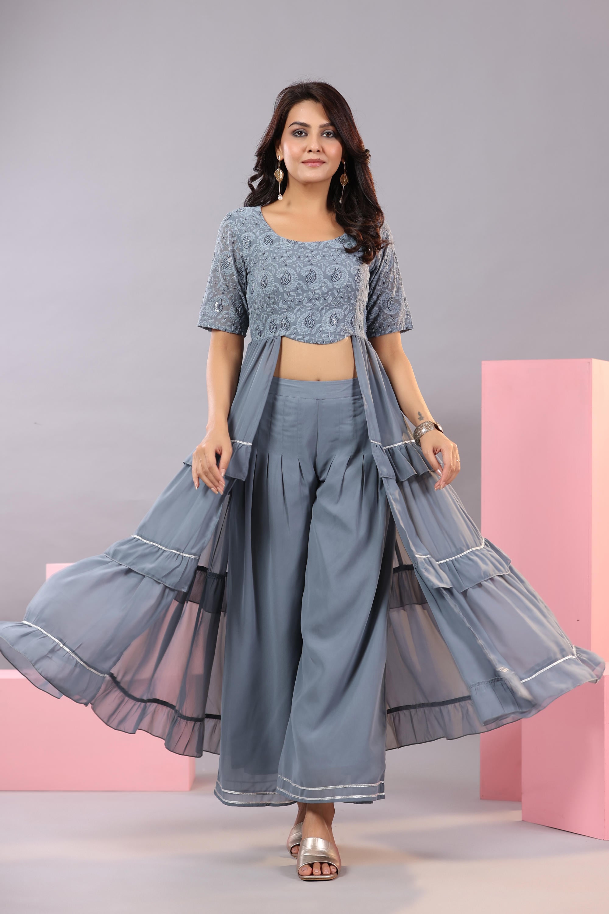 Grey Thread Embroidered Georgette Dress & Palazzo Set With Sequins & L