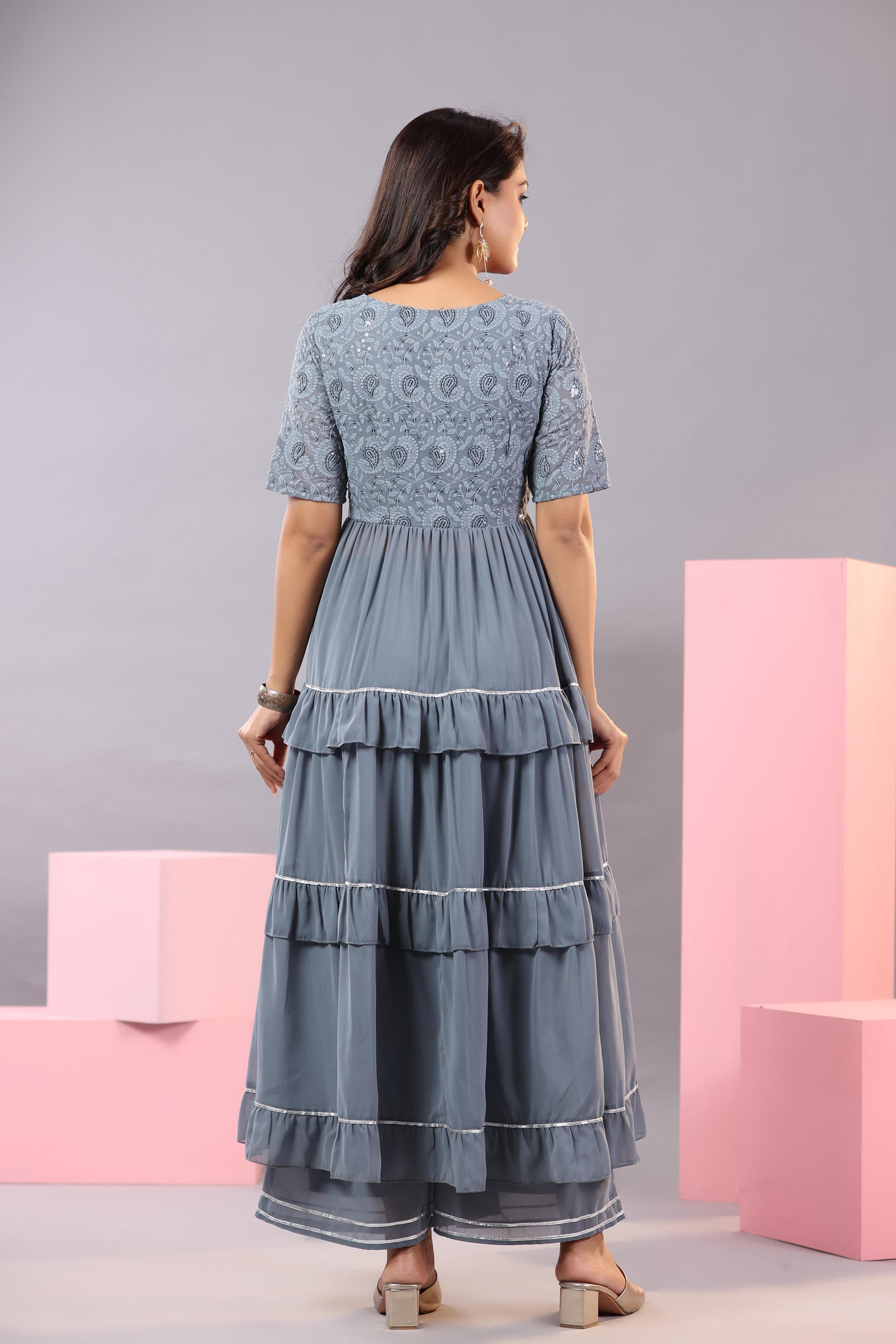 Grey Thread Embroidered Georgette Dress & Palazzo Set With Sequins & L
