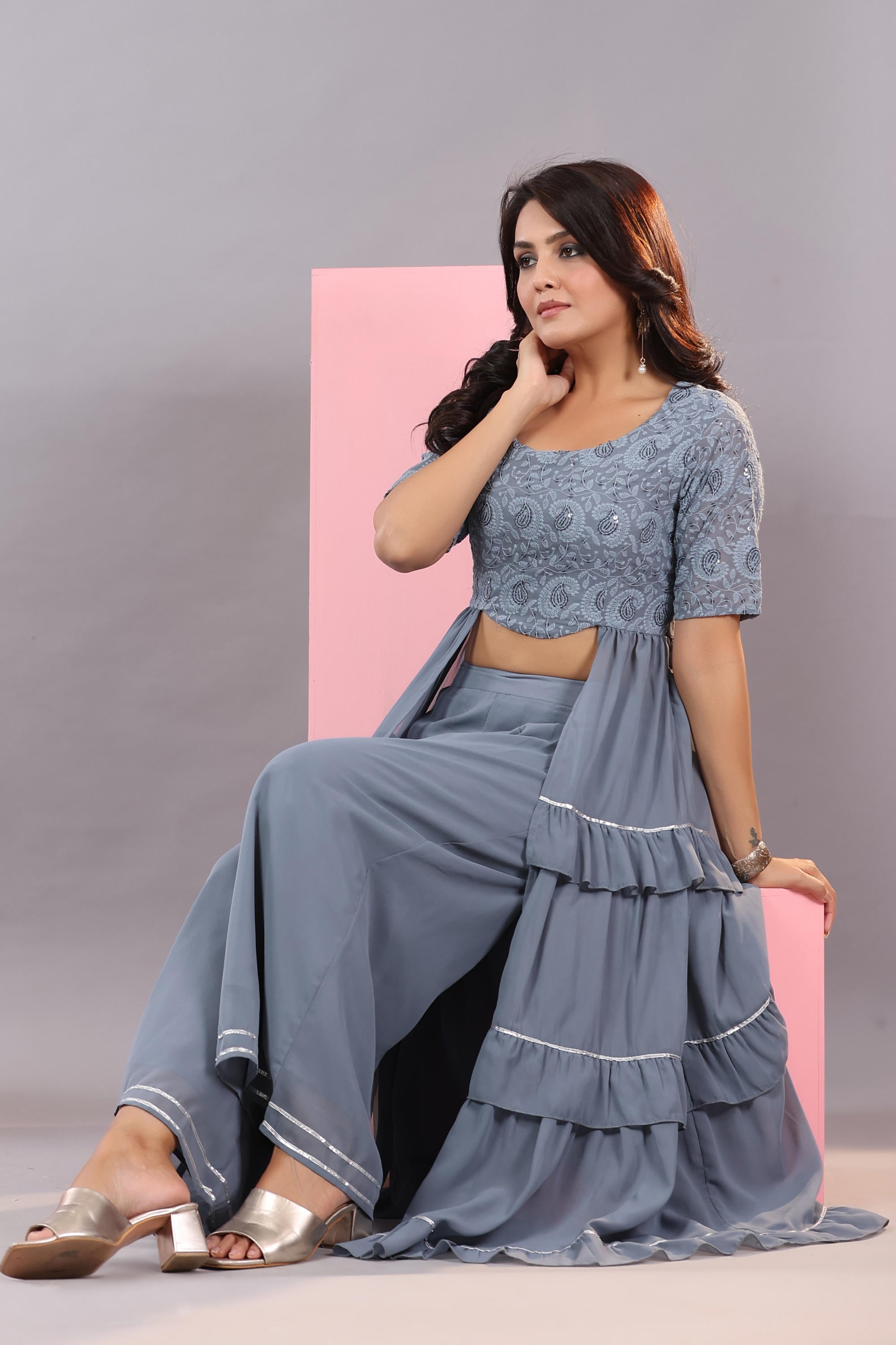 Grey Thread Embroidered Georgette Dress & Palazzo Set With Sequins & L
