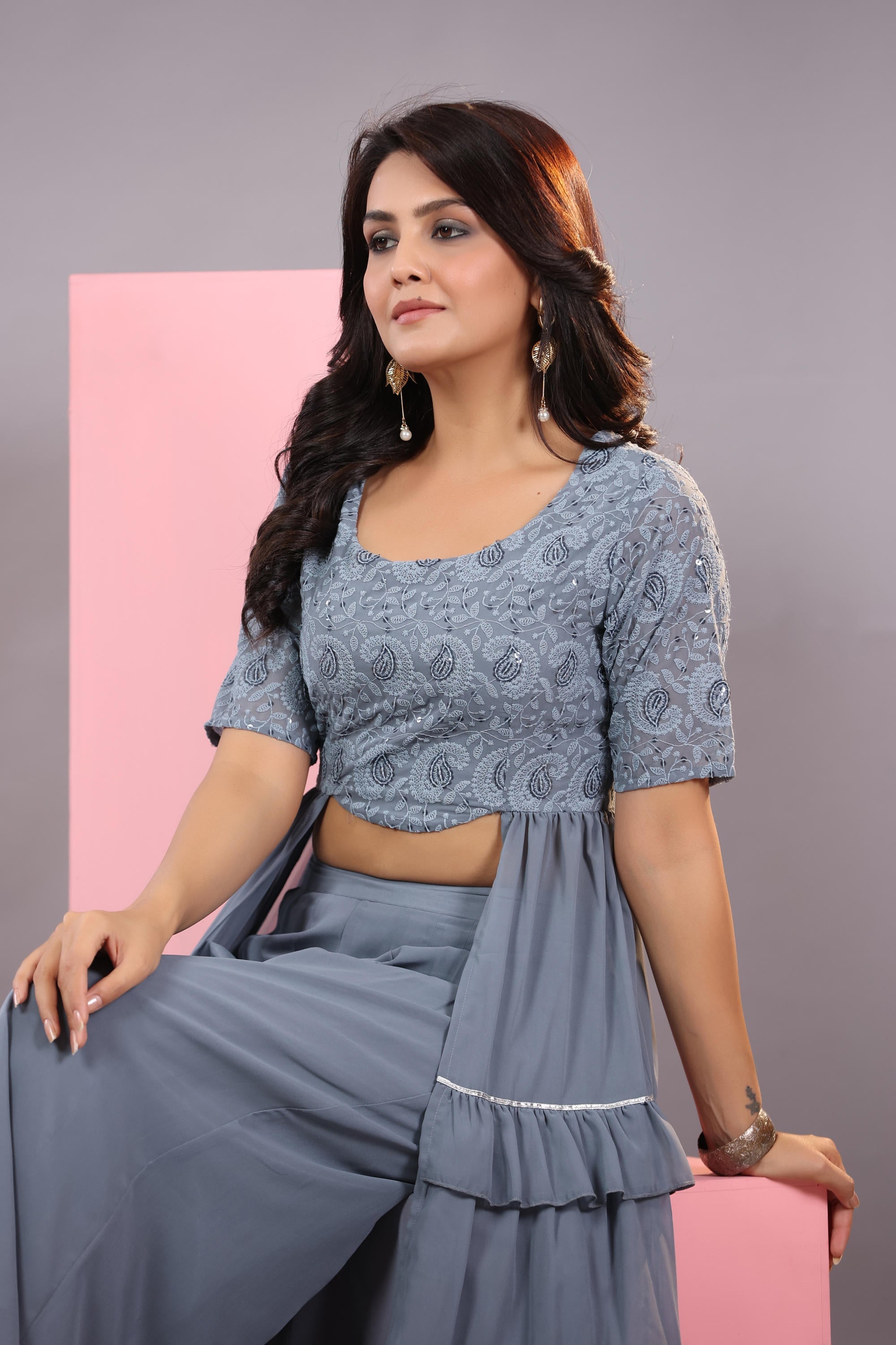 Grey Thread Embroidered Georgette Dress & Palazzo Set With Sequins & L