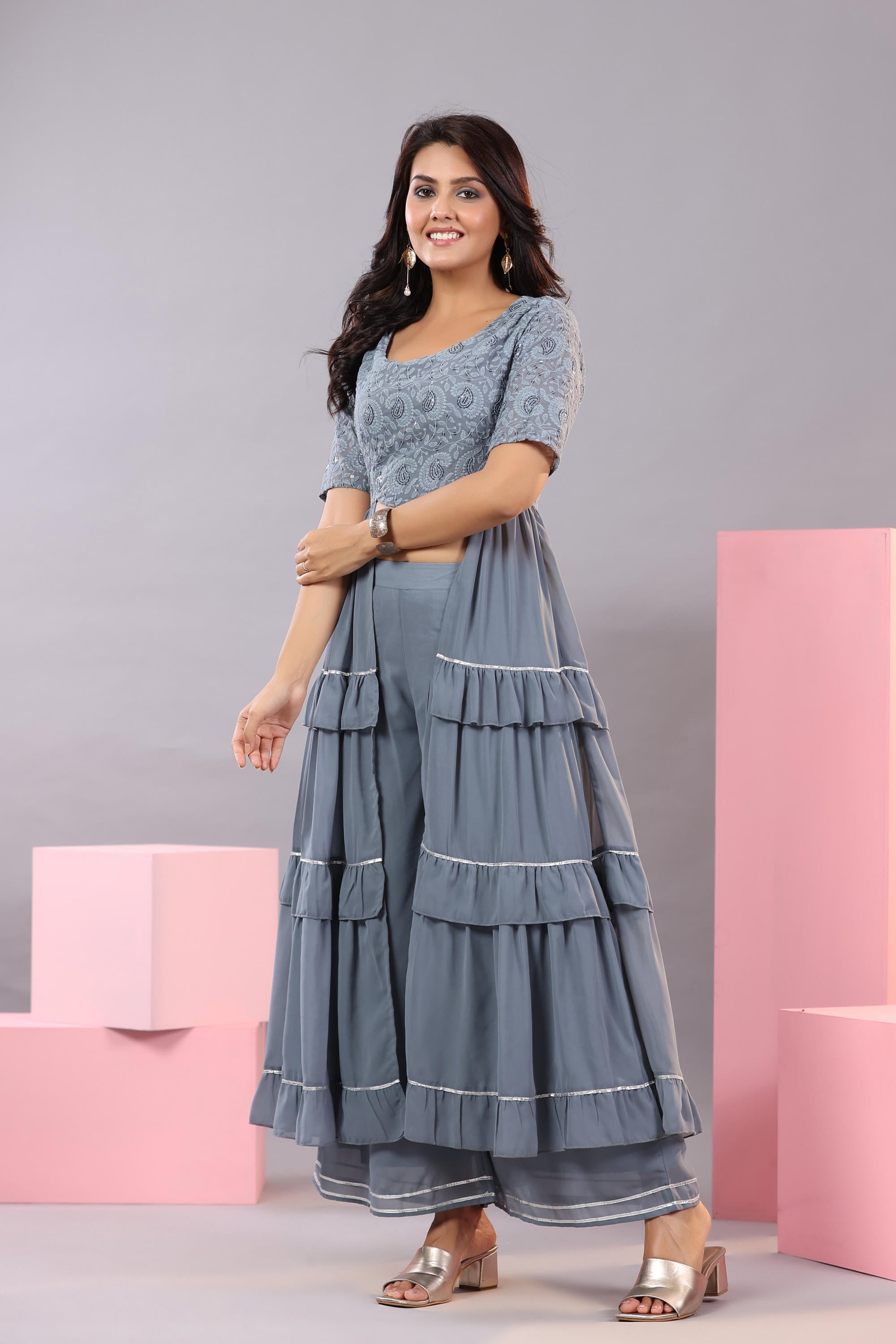 Grey Thread Embroidered Georgette Dress & Palazzo Set With Sequins & L