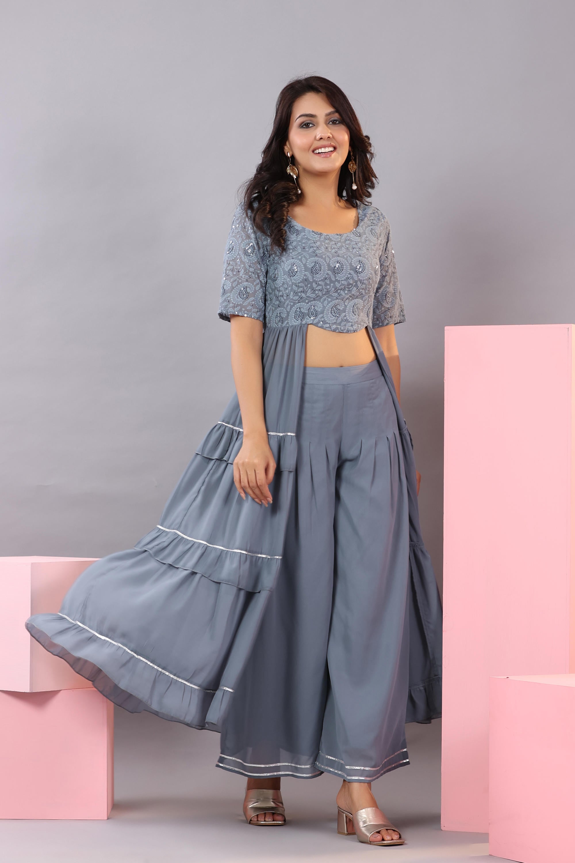 Grey Thread Embroidered Georgette Dress & Palazzo Set With Sequins & L