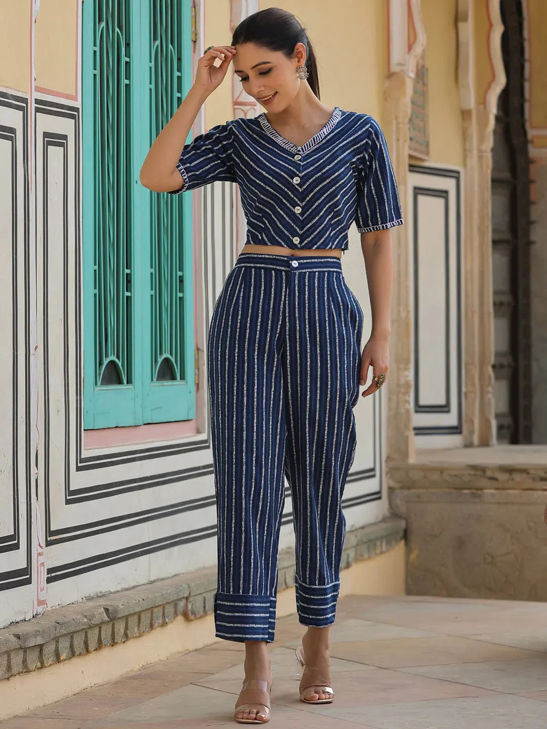 Striped Suit Set: Indigo Indian Suits for Women in Cotton Flex
