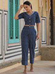 Women Indigo Cotton Flex Striped Printed Clothing Set.