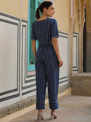 Women Indigo Cotton Flex Striped Printed Clothing Set.