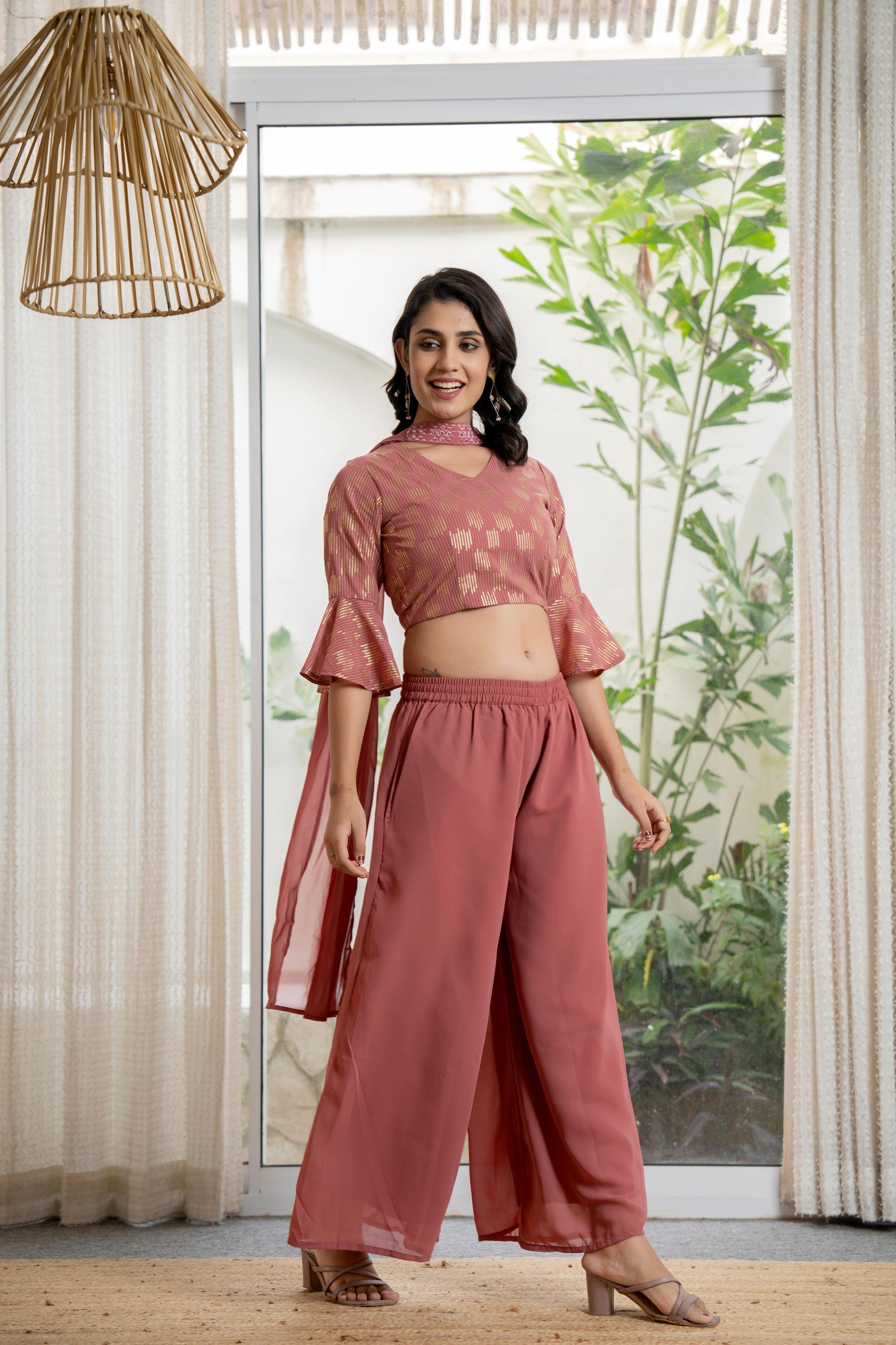 Peach Solid Georgette Crop Top, Palazzo & Dupatta Set With Sequins & T